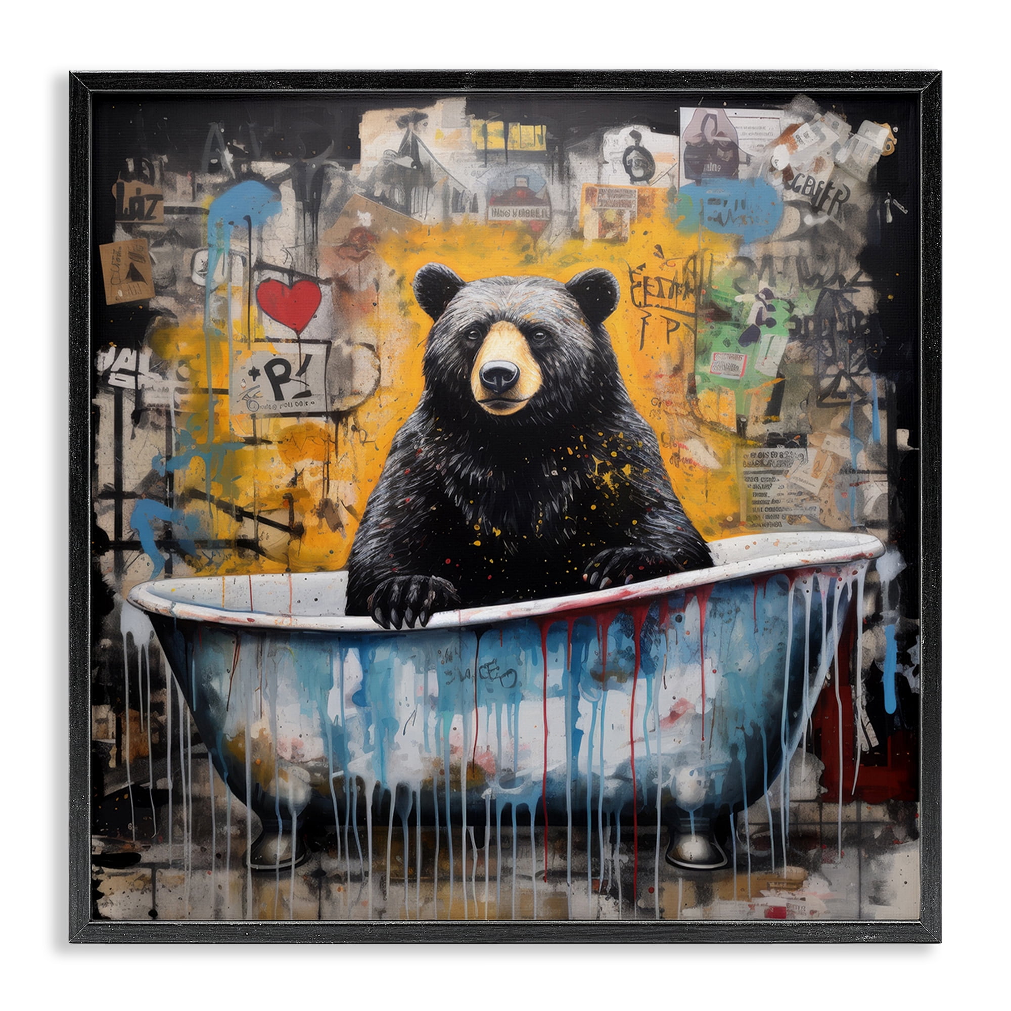 Stupell Industries Graffiti Bathing Bear Typography Painting Black Framed Art Print Wall Art, 17 x 17