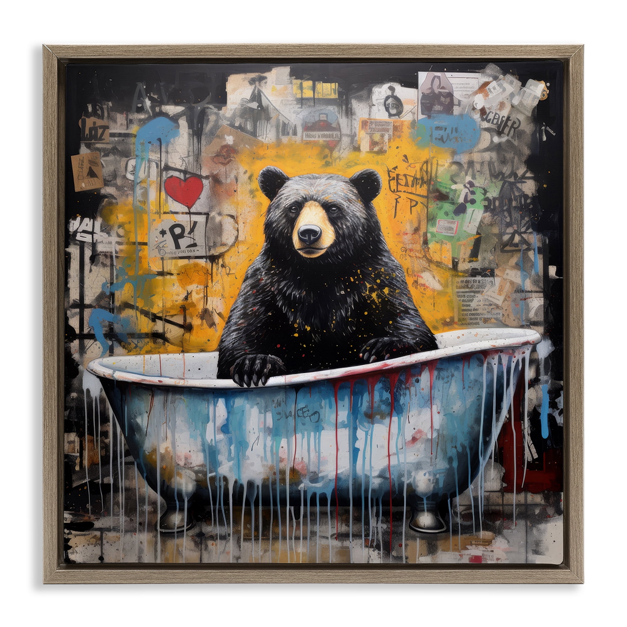 Stupell Industries Graffiti Bathing Bear Typography Painting Brown Floater Framed Canvas Art Print Wall Art, 25 x 25