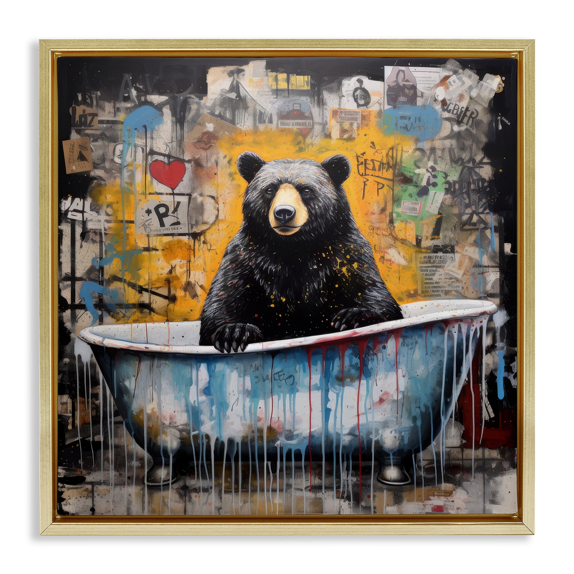 Stupell Industries Graffiti Bathing Bear Typography Painting Gold Floater Framed Canvas Art Print Wall Art, 25 x 25