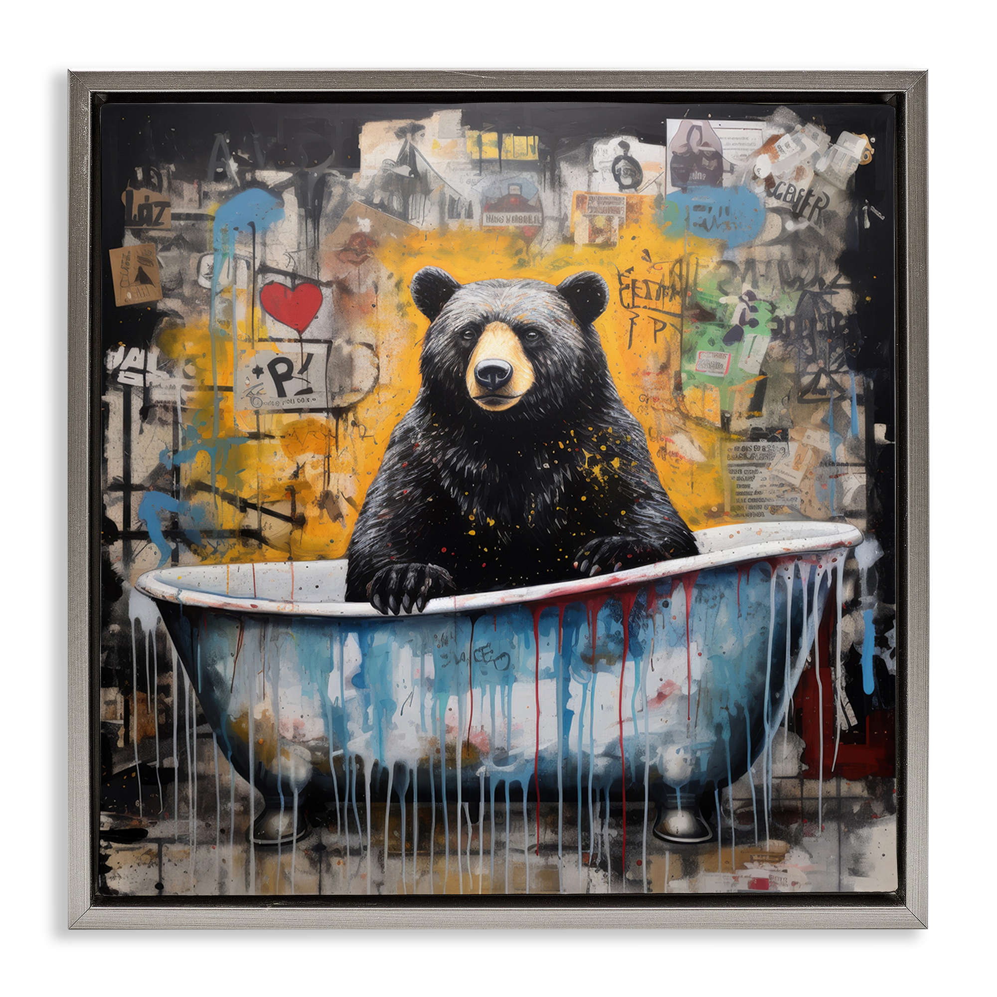 Stupell Industries Graffiti Bathing Bear Typography Painting Gray Floater Framed Canvas Art Print Wall Art, 18 x 18