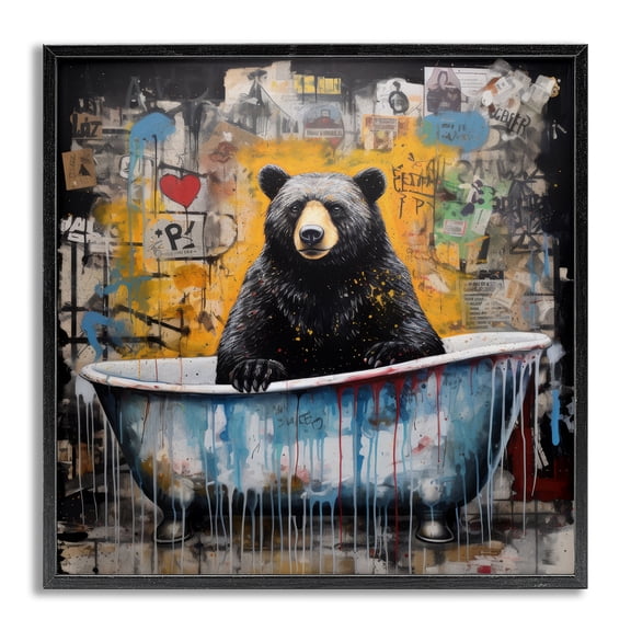 Stupell Industries Graffiti Bathing Bear Typography Painting Gray Framed Art Print Wall Art, 12 x 12