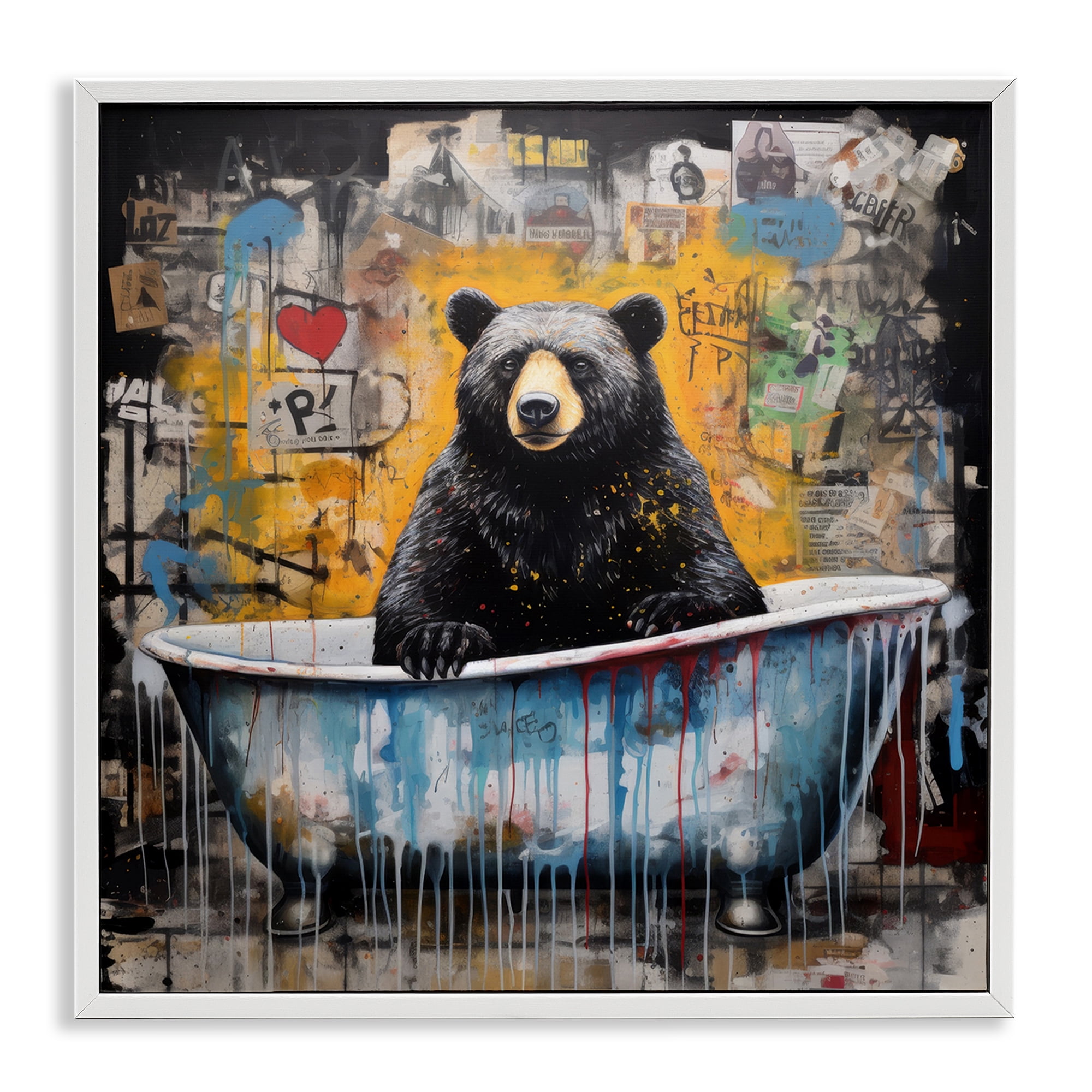 Stupell Industries Graffiti Bathing Bear Typography Painting White Framed Art Print Wall Art, 17 x 17