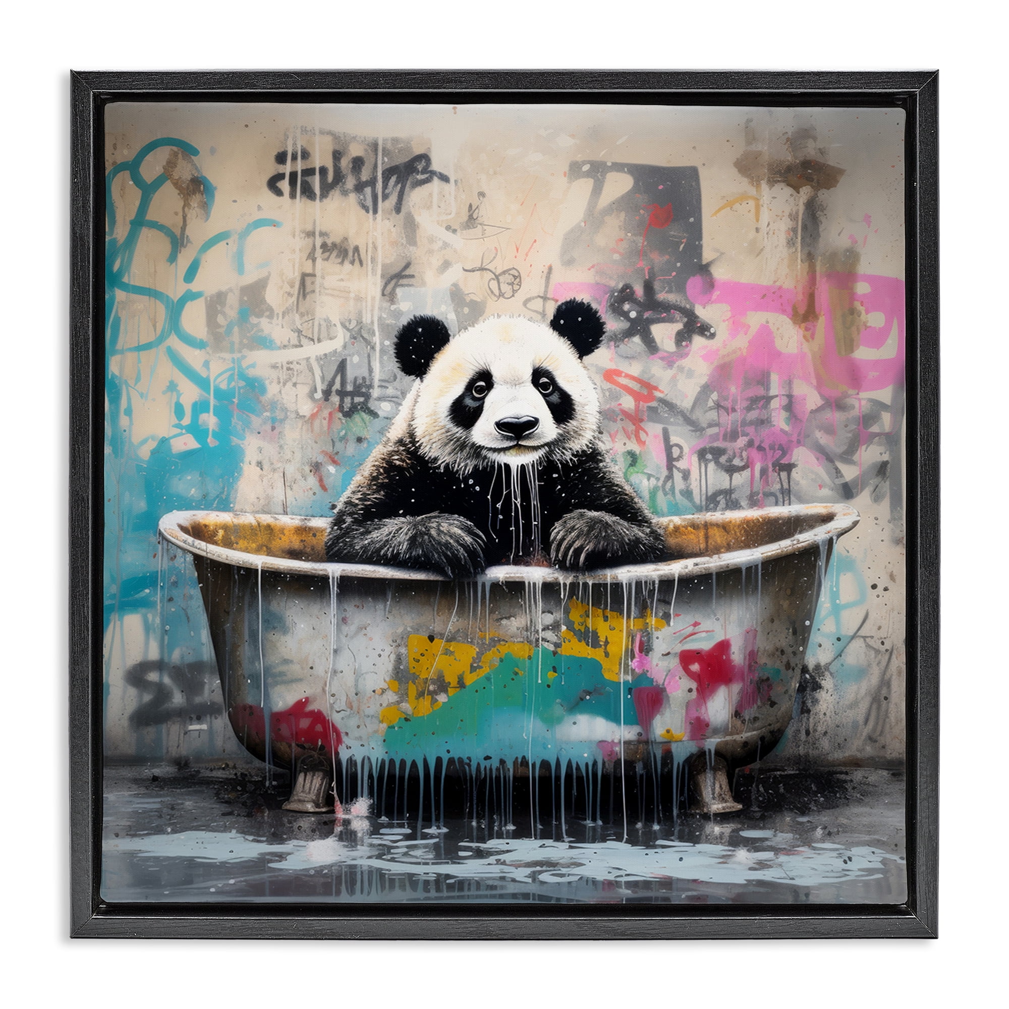 Stupell Industries Graffiti Bathing Panda Typography Painting Black Floater Framed Canvas Art Print Wall Art, 18 x 18