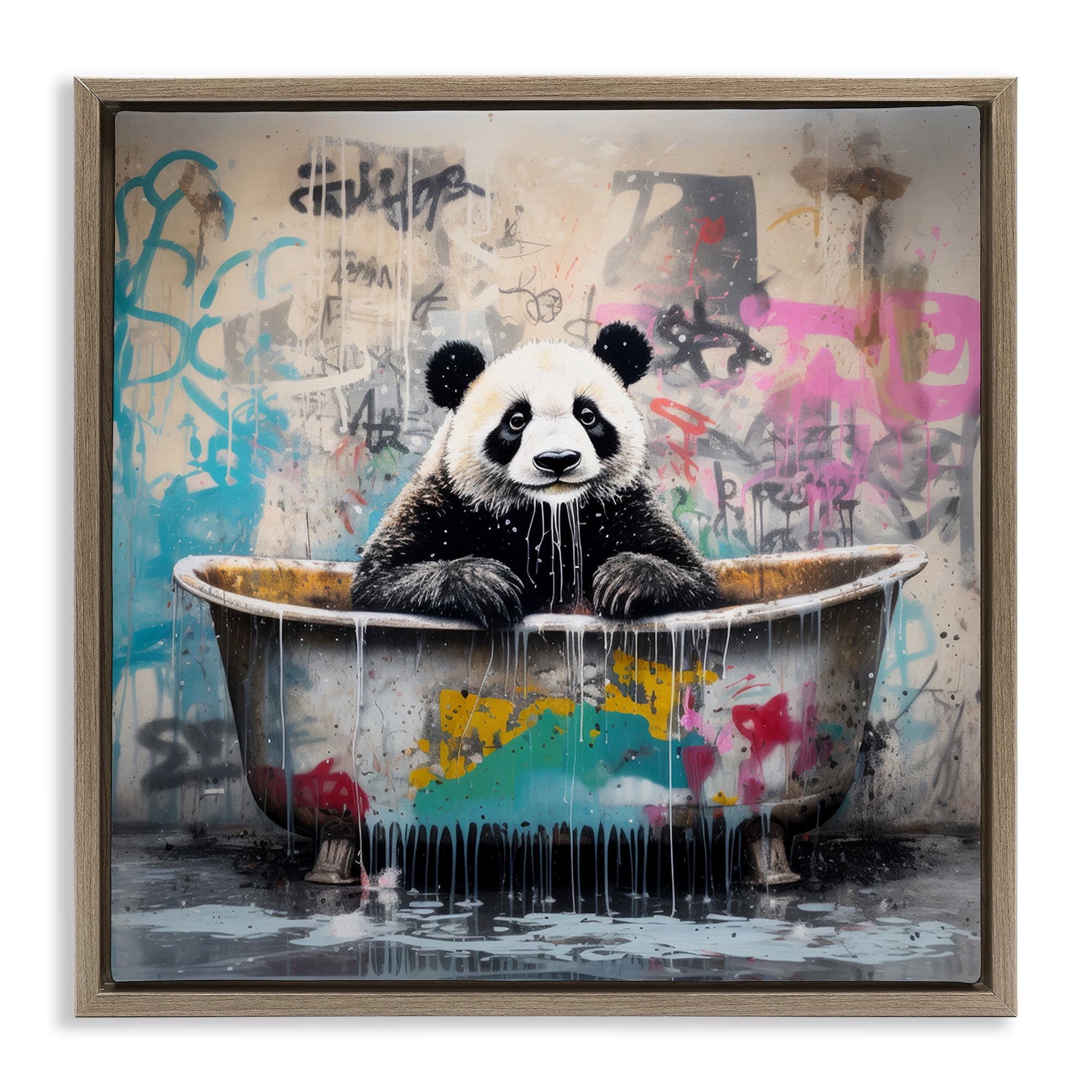 Stupell Industries Graffiti Bathing Panda Typography Painting Brown Floater Framed Canvas Art Print Wall Art, 18 x 18