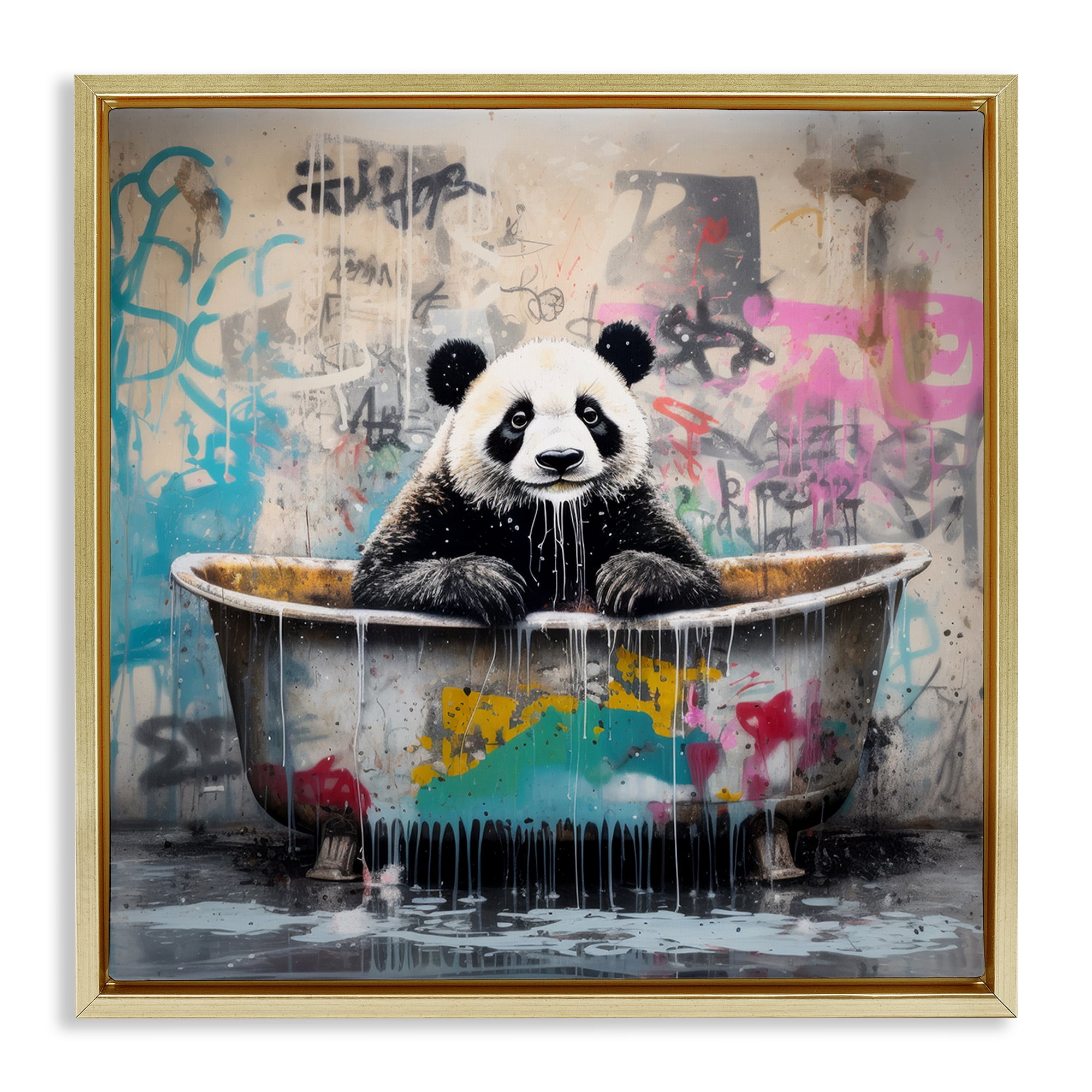 Stupell Industries Graffiti Bathing Panda Typography Painting Gold Floater Framed Canvas Art Print Wall Art, 18 x 18