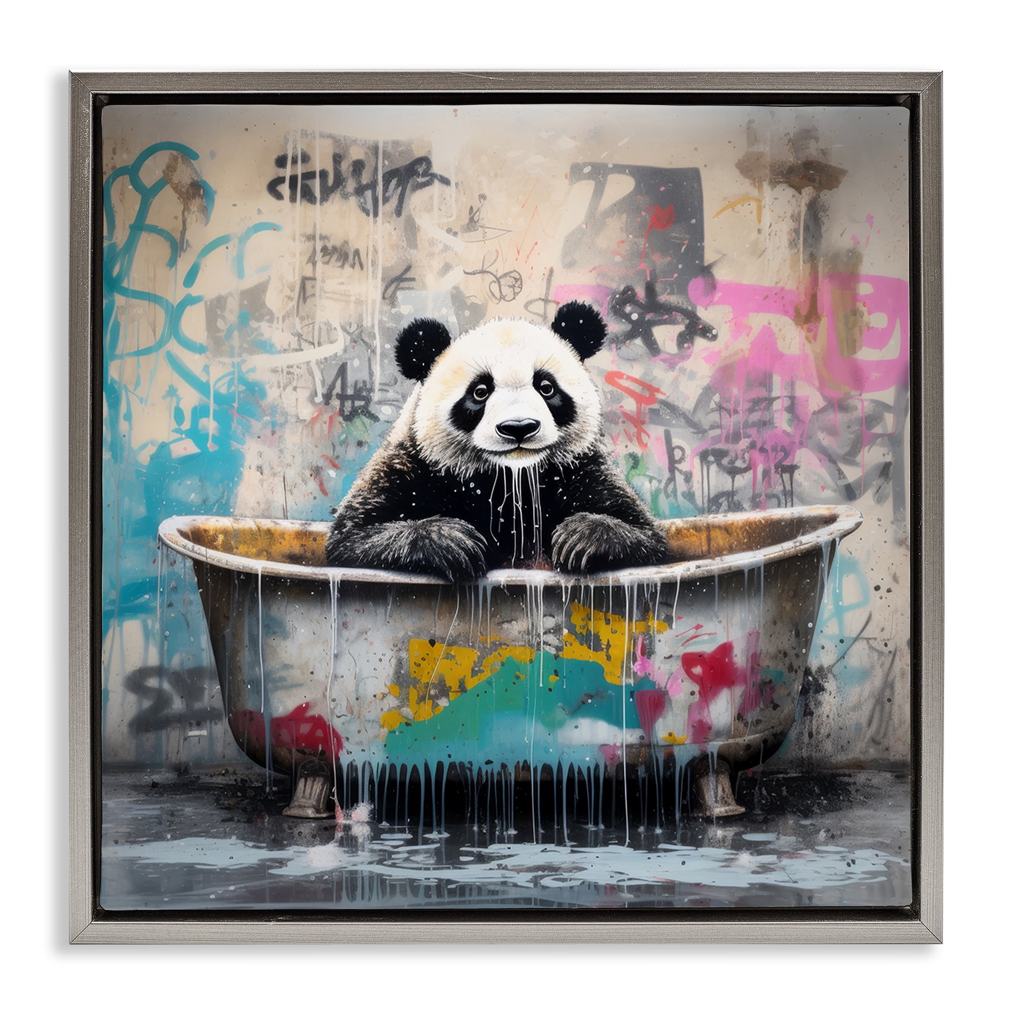 Stupell Industries Graffiti Bathing Panda Typography Painting Gray Floater Framed Canvas Art Print Wall Art, 18 x 18