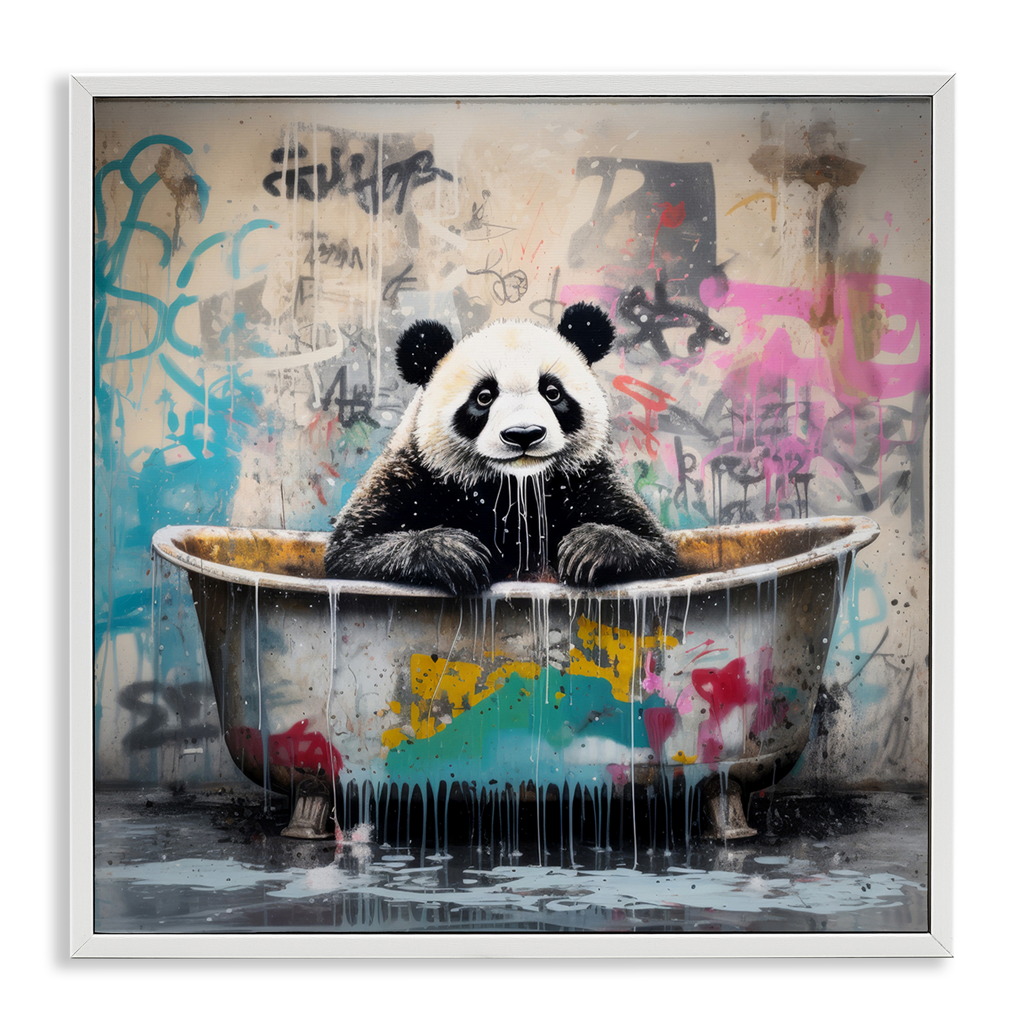 Stupell Industries Graffiti Bathing Panda Typography Painting White Framed Art Print Wall Art, 24 x 24