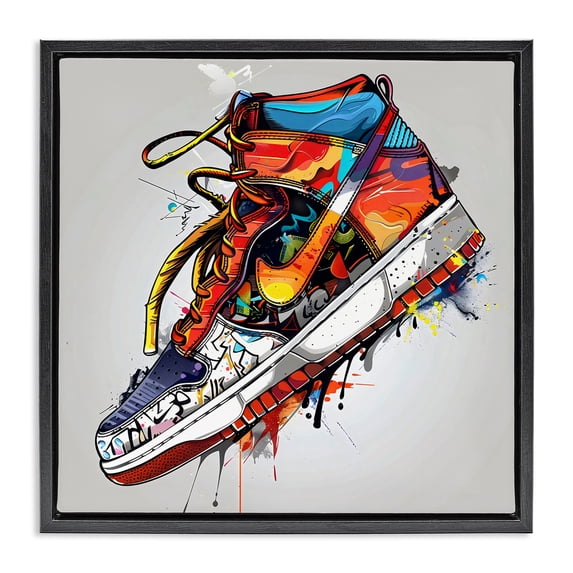 Stupell Industries Eclectic Graffiti Sneaker with Laces Black Floating Frame Canvas Art, 18 x 18, by Creative Studio