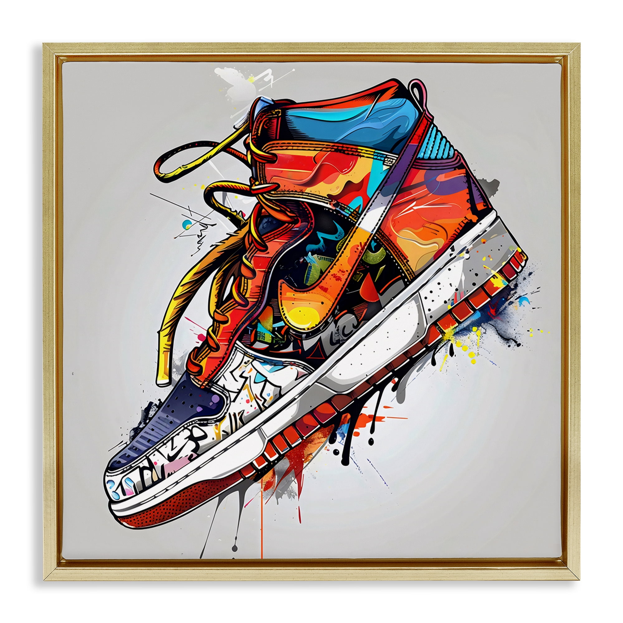 Stupell Industries Graffiti Sneaker with Laces Gold Framed Floater Canvas Wall Art, design by Creative Studio