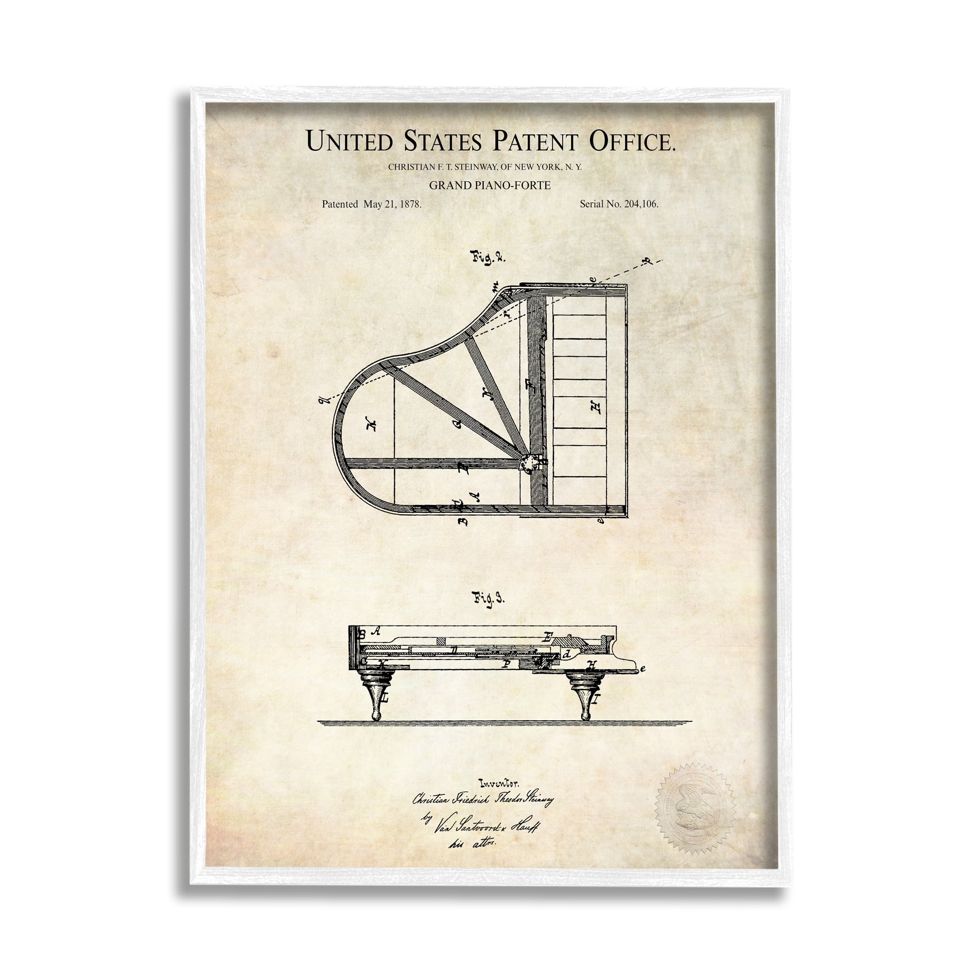 Stupell Industries Grand Piano Detailed Vintage Diagram Blueprint Instrument Framed Wall Art, 24 x 30, Design by Karl Hronek
