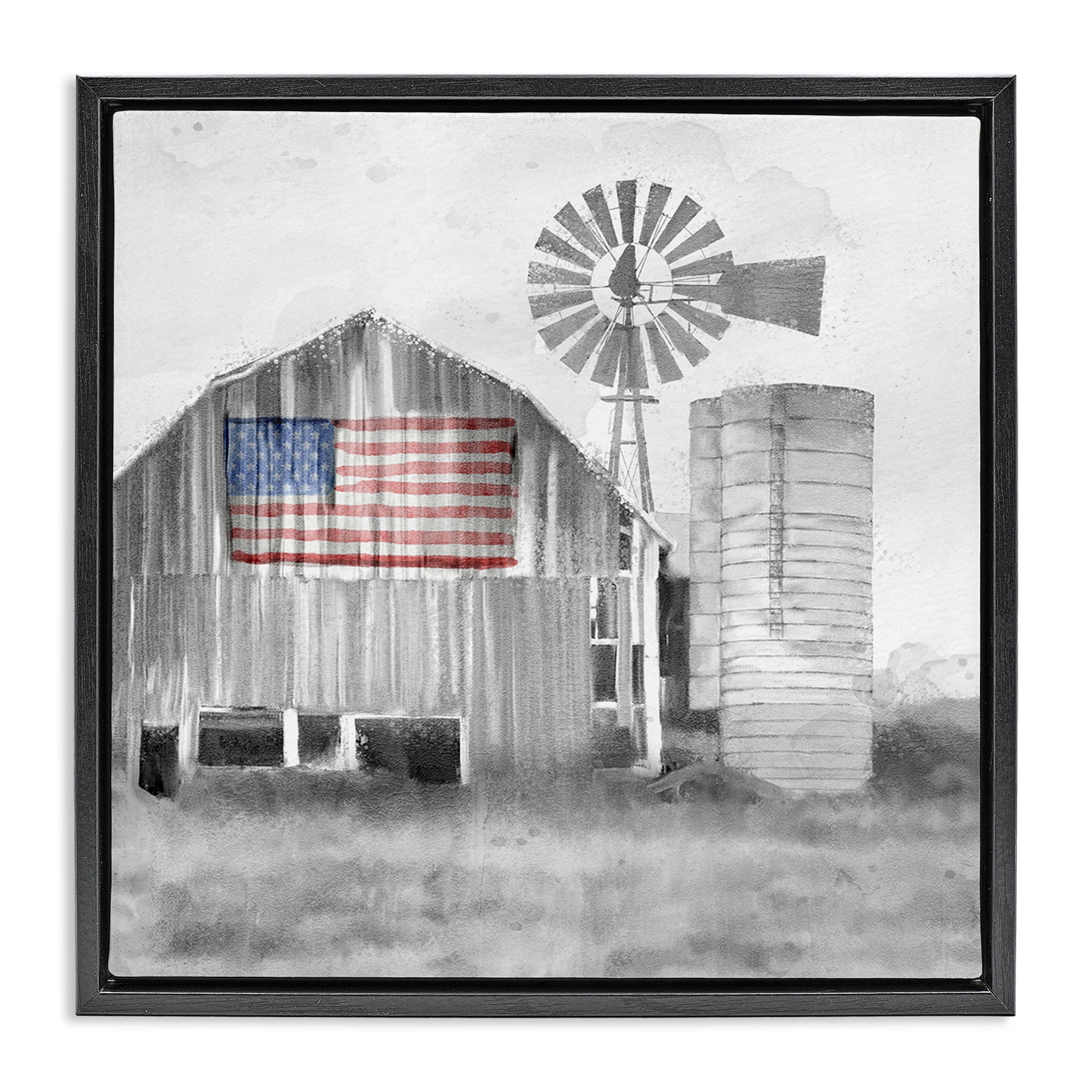 Stupell Industries Grandfather's Barn with Flag Black Framed Floater Canvas Wall Art, design by Kim Allen