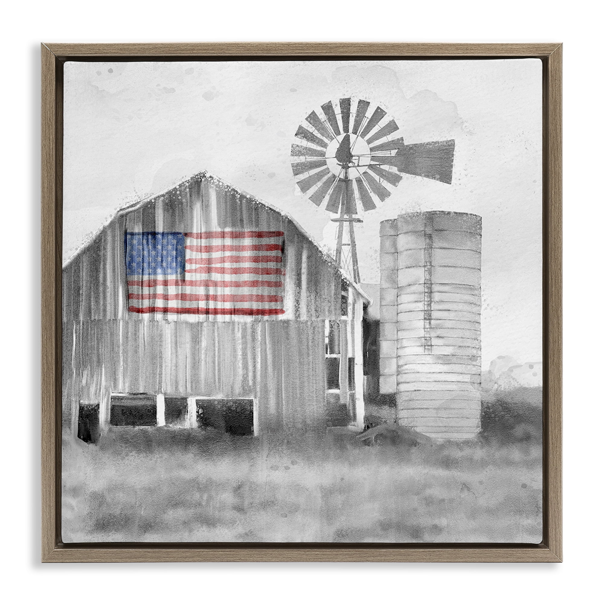 Stupell Industries Grandfather's Barn with Flag Brown Framed Floater Canvas Wall Art, design by Kim Allen