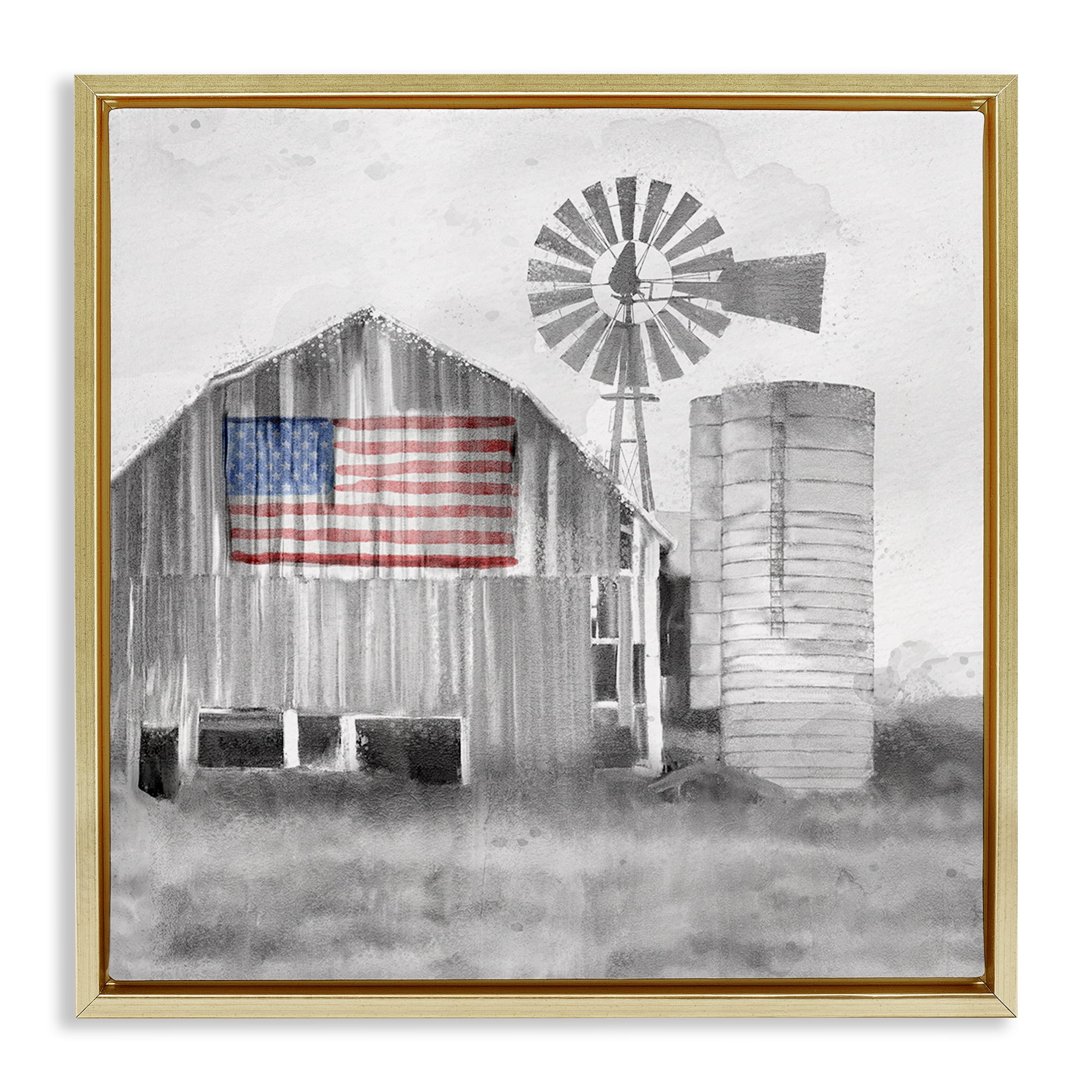 Stupell Industries Grandfather's Barn with Flag Gold Framed Floater Canvas Wall Art, design by Kim Allen