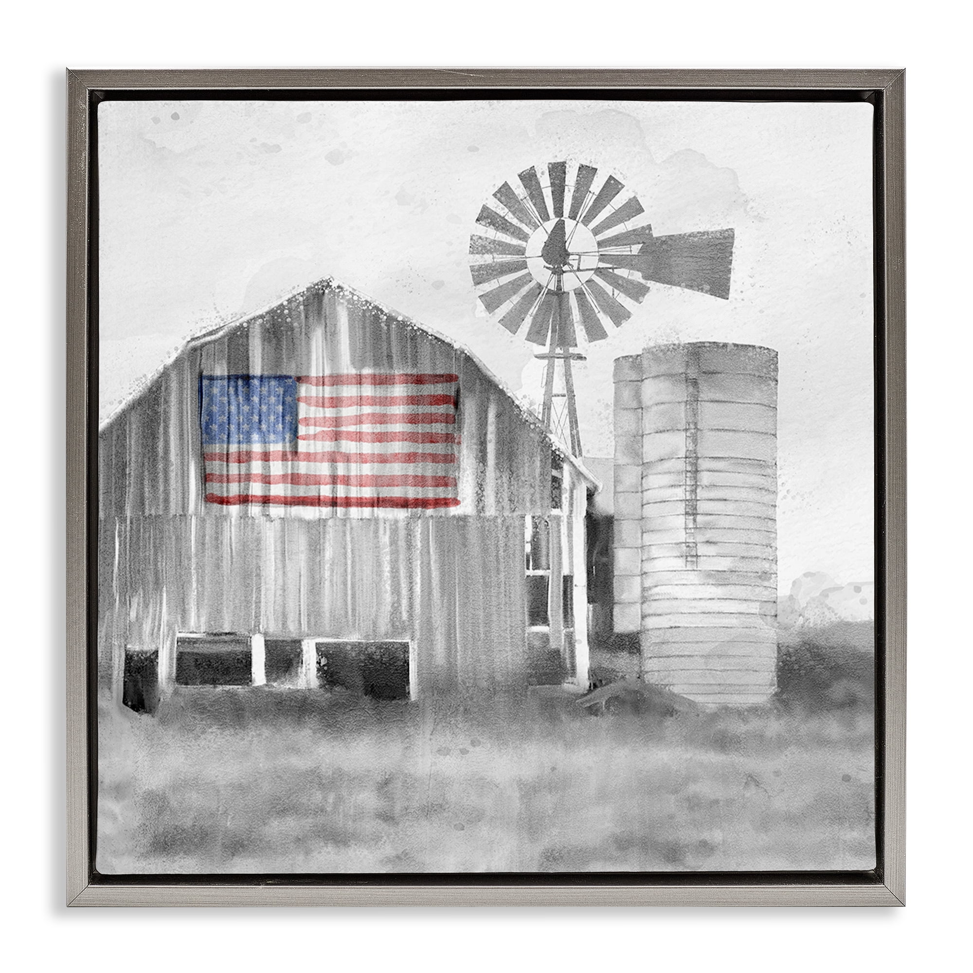 Stupell Industries Grandfather's Barn with Flag Gray Framed Floater Canvas Wall Art, design by Kim Allen