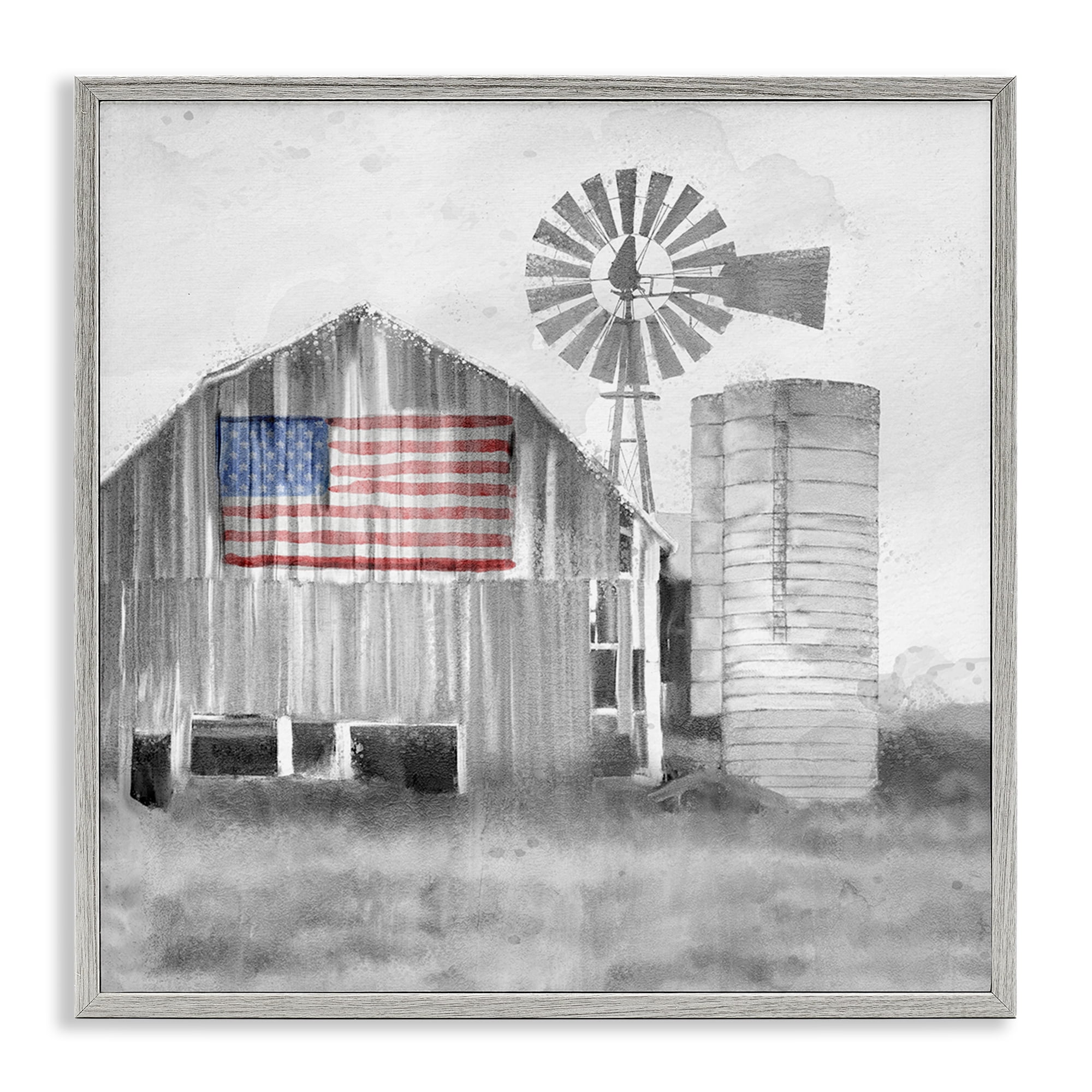 Stupell Industries Grandfather's Barn with Flag Gray Framed Giclee Art, design by Kim Allen