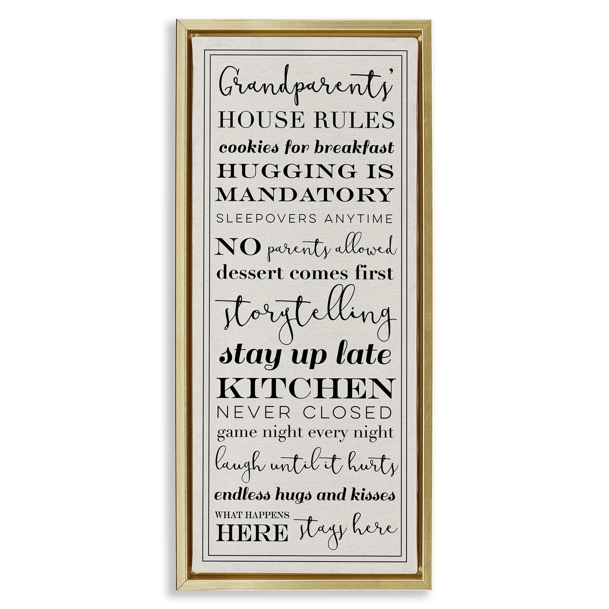 Stupell Industries Grandparents House Rules Inspirational Painting Gold Floater Framed Canvas Art Print Wall Art, 11 x 25
