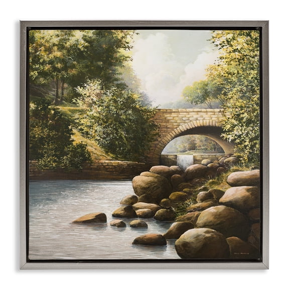 Stupell Industries Grant Park Bridge over River Landscape & Nature Painting Gray Floater Framed Canvas Art Print Wall Art, 18 x 18