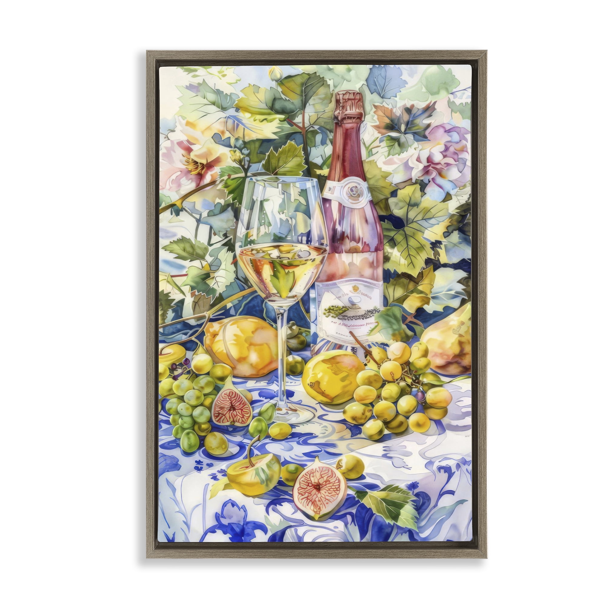 Stupell Industries Grape Vines Wine Glass Food & Beverage Painting Brown Floater Framed Canvas Art Print Wall Art, 17 x 25