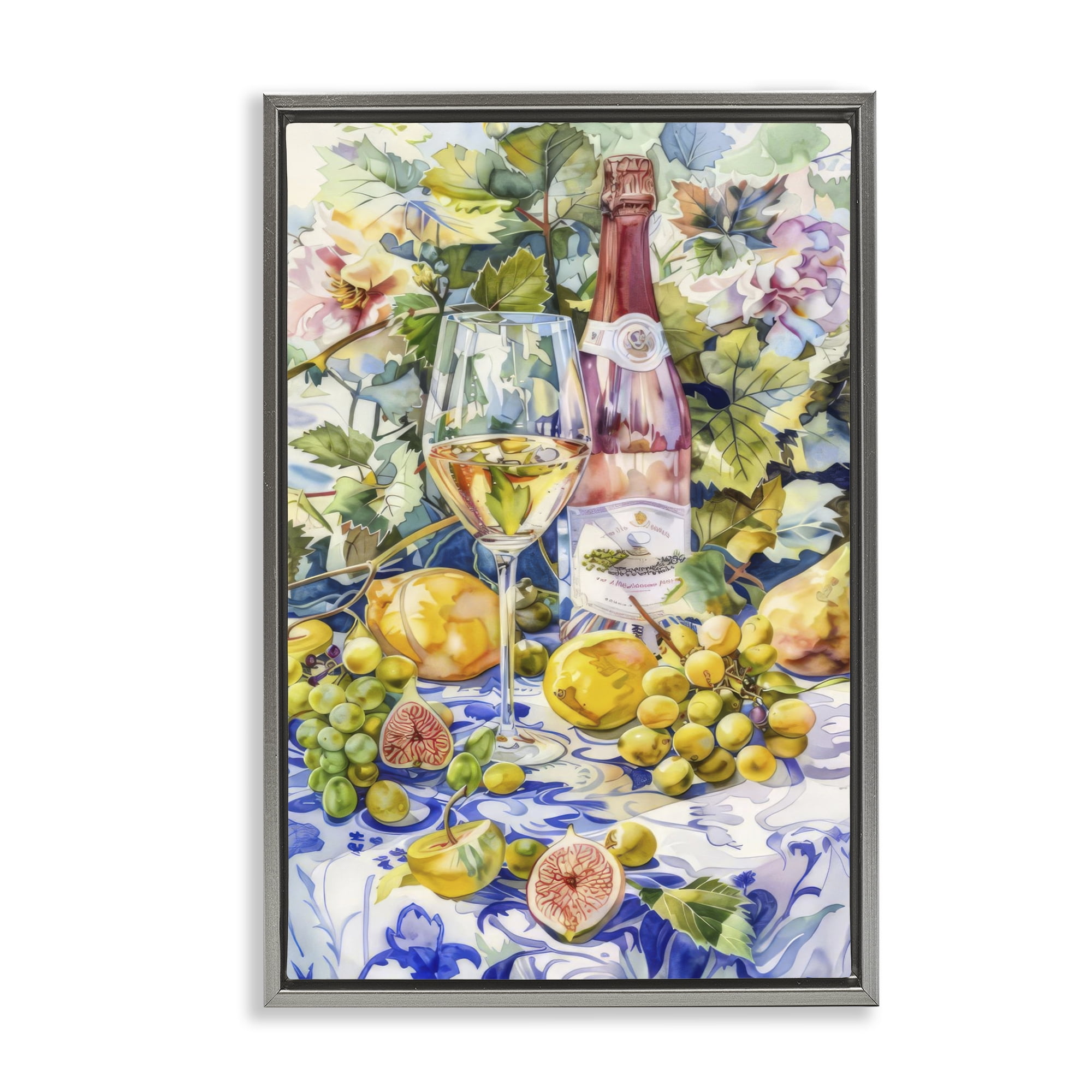 Stupell Industries Grape Vines Wine Glass Food & Beverage Painting Gray Floater Framed Canvas Art Print Wall Art, 17 x 25