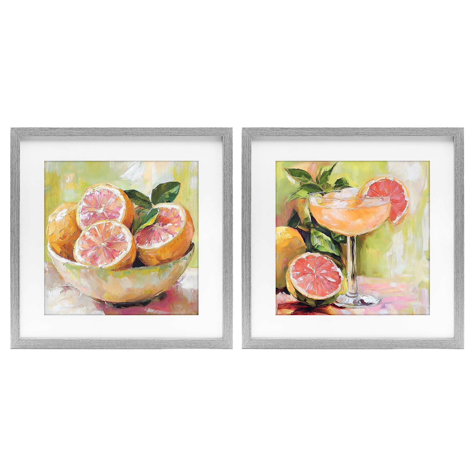 Stupell Industries Grapefruit Bowl & Cocktail 2 Piece Gray Framed Print Under Glass Set, design by Riley B