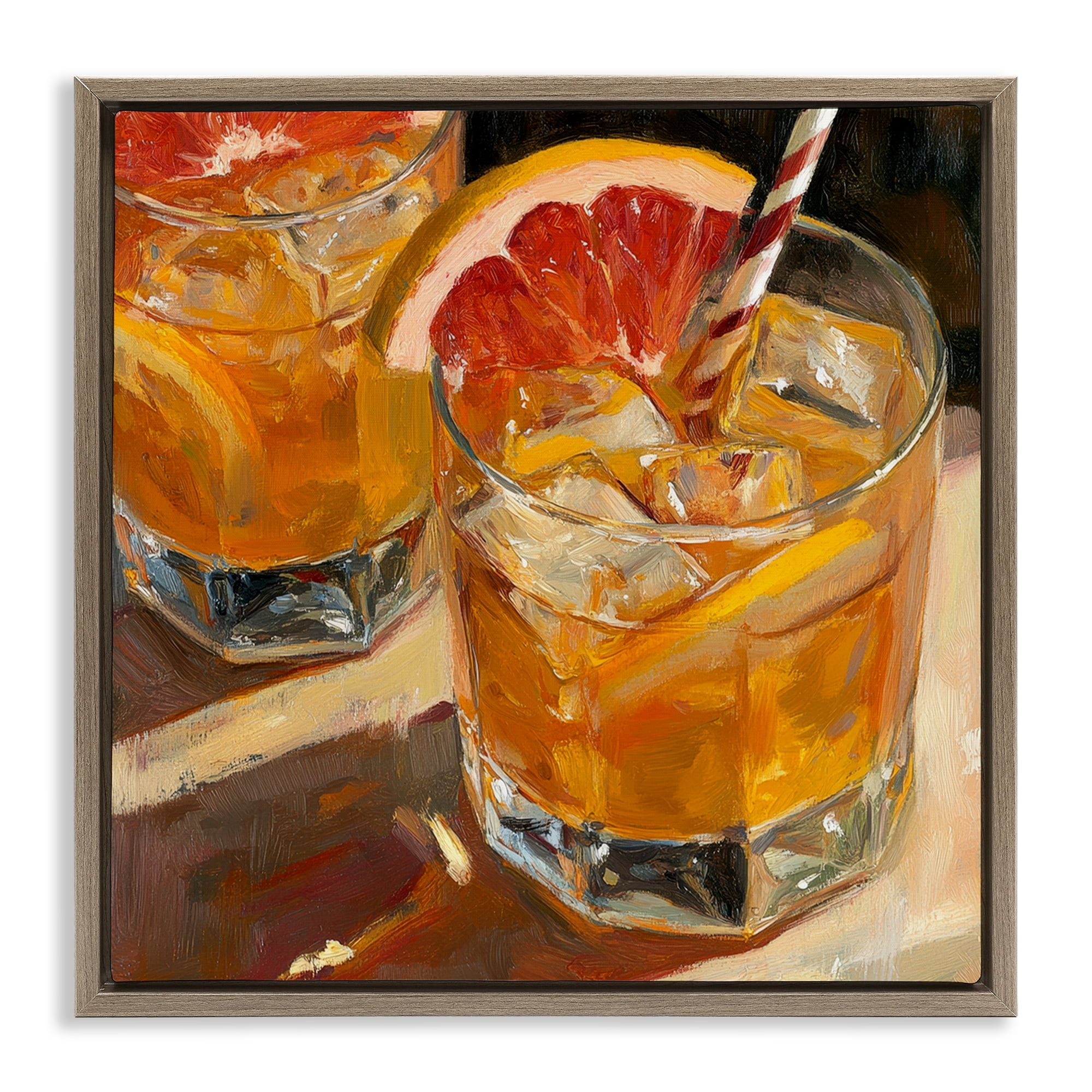 Stupell Industries Grapefruit Cocktail with Ice Cubes Brown Framed Floater Canvas Wall Art, design by Petal Prints Design