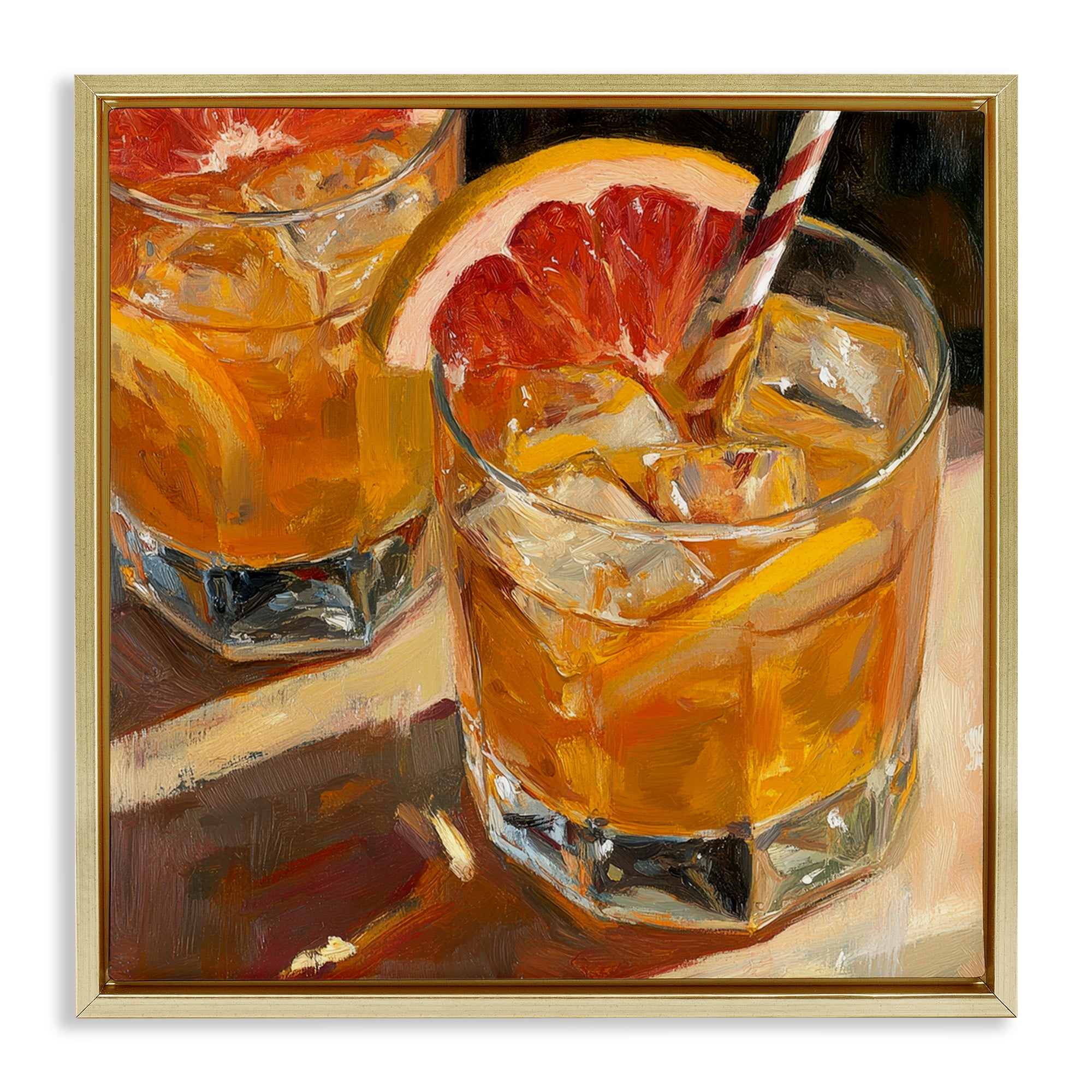 Stupell Industries Grapefruit Cocktail with Ice Cubes Gold Framed Floater Canvas Wall Art, design by Petal Prints Design