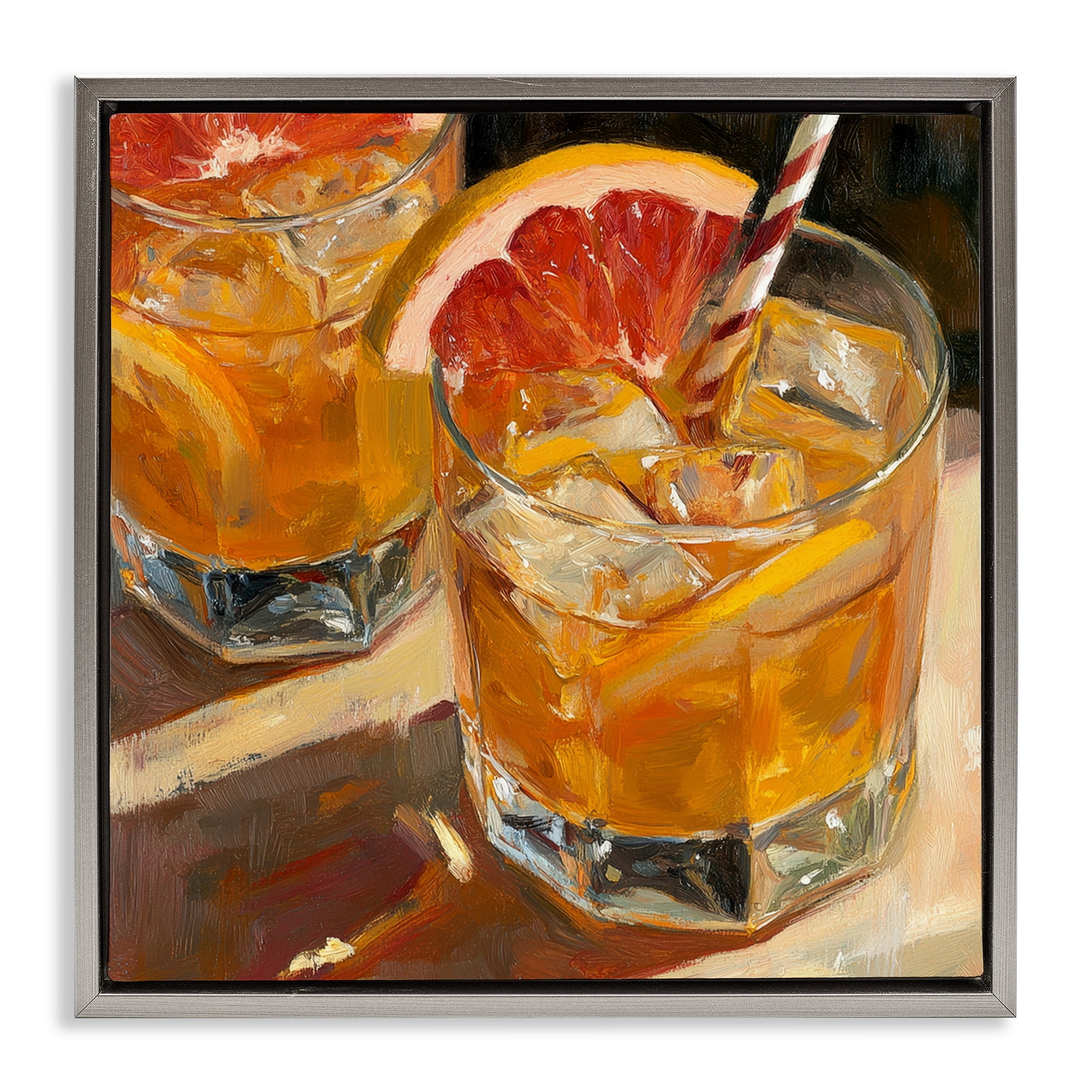 Stupell Industries Grapefruit Cocktail with Ice Cubes Gray Framed Floater Canvas Wall Art, design by Petal Prints Design
