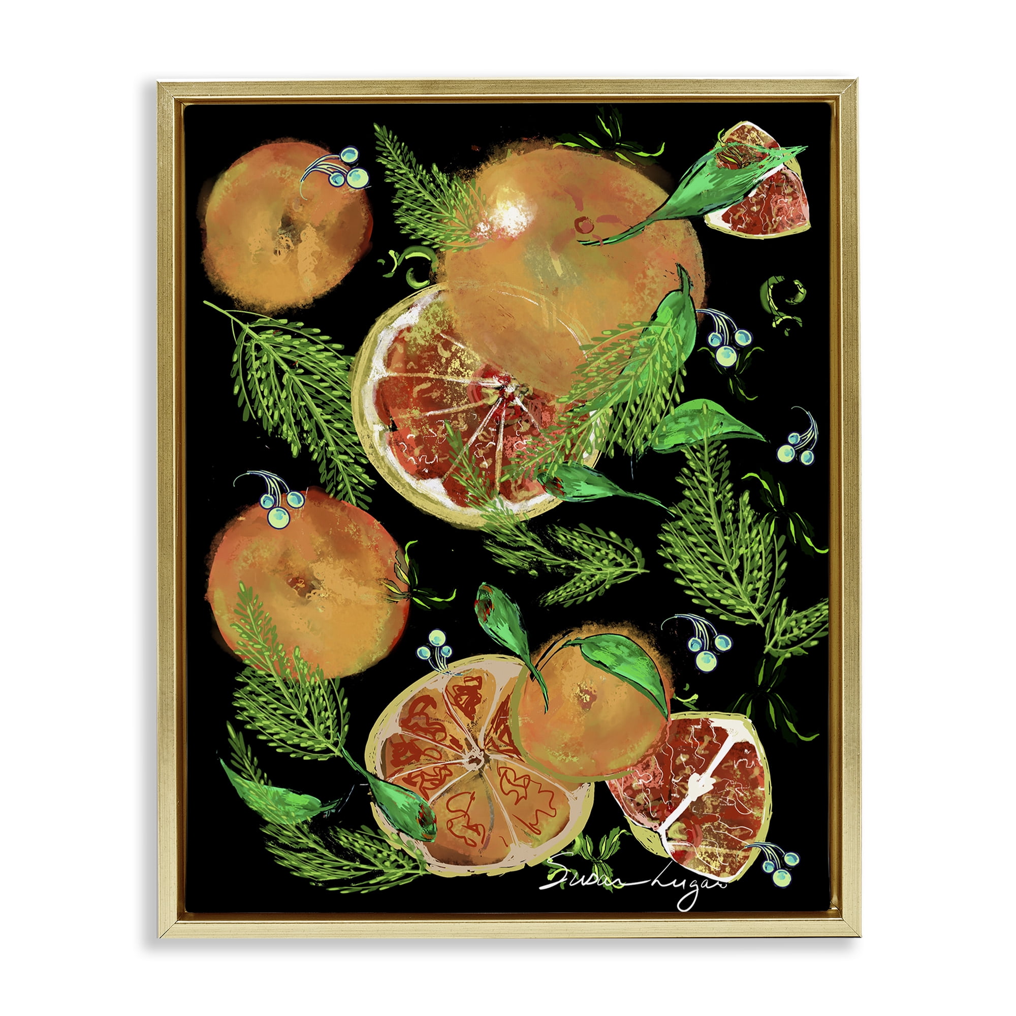 Stupell Industries Grapefruit & Ferns Medley Gold Framed Floater Canvas Wall Art, design by Susan Lugar