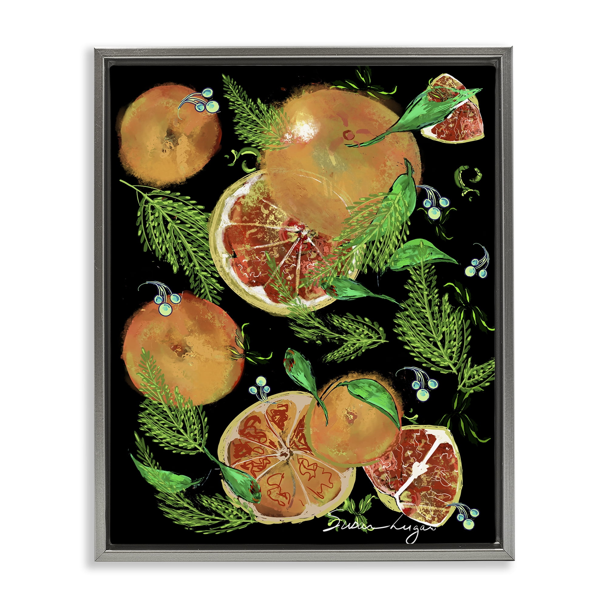 Stupell Industries Grapefruit & Ferns Medley Gray Framed Floater Canvas Wall Art, design by Susan Lugar