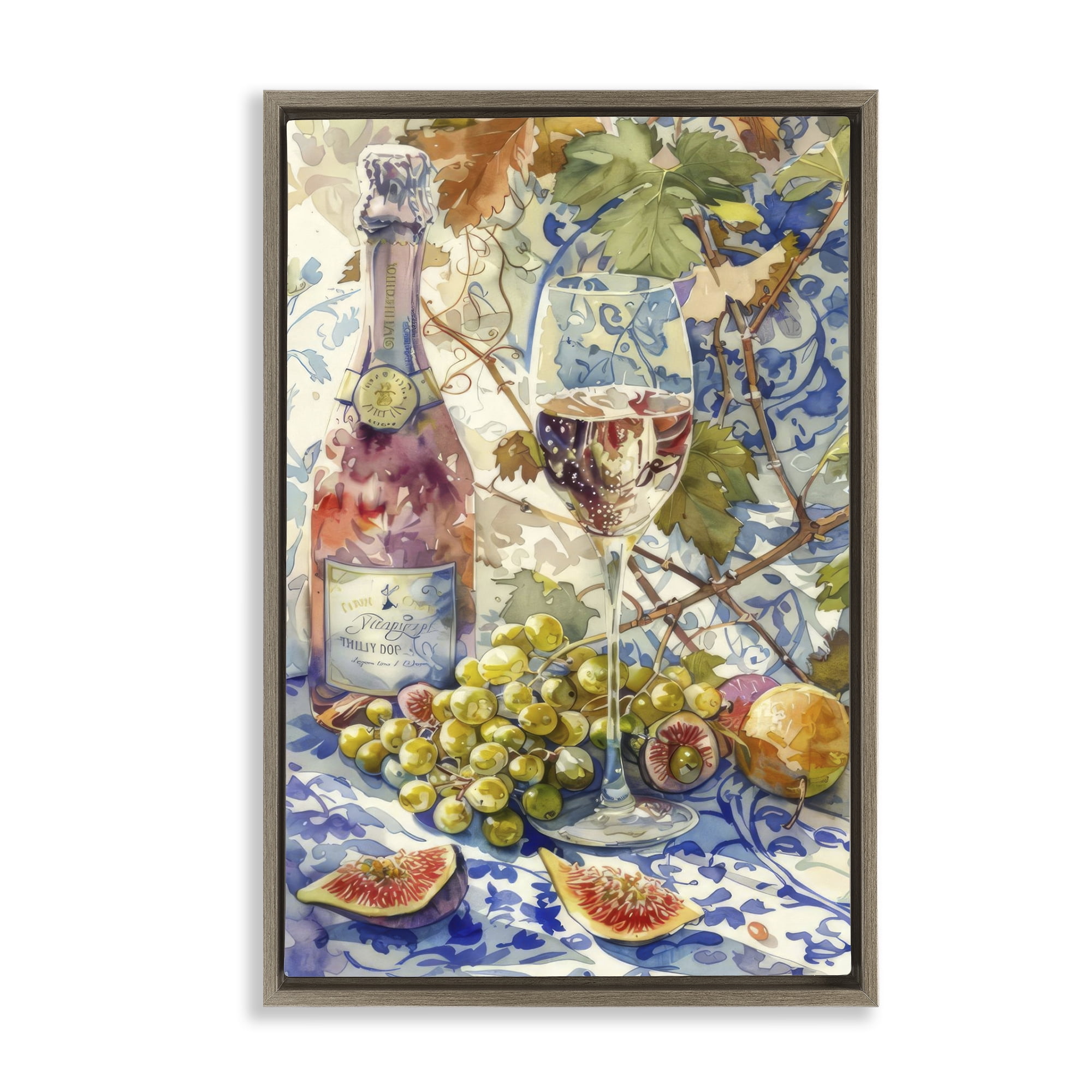 Stupell Industries Grapes & Wine Bottle Food & Beverage Painting Brown Floater Framed Canvas Art Print Wall Art, 17 x 25