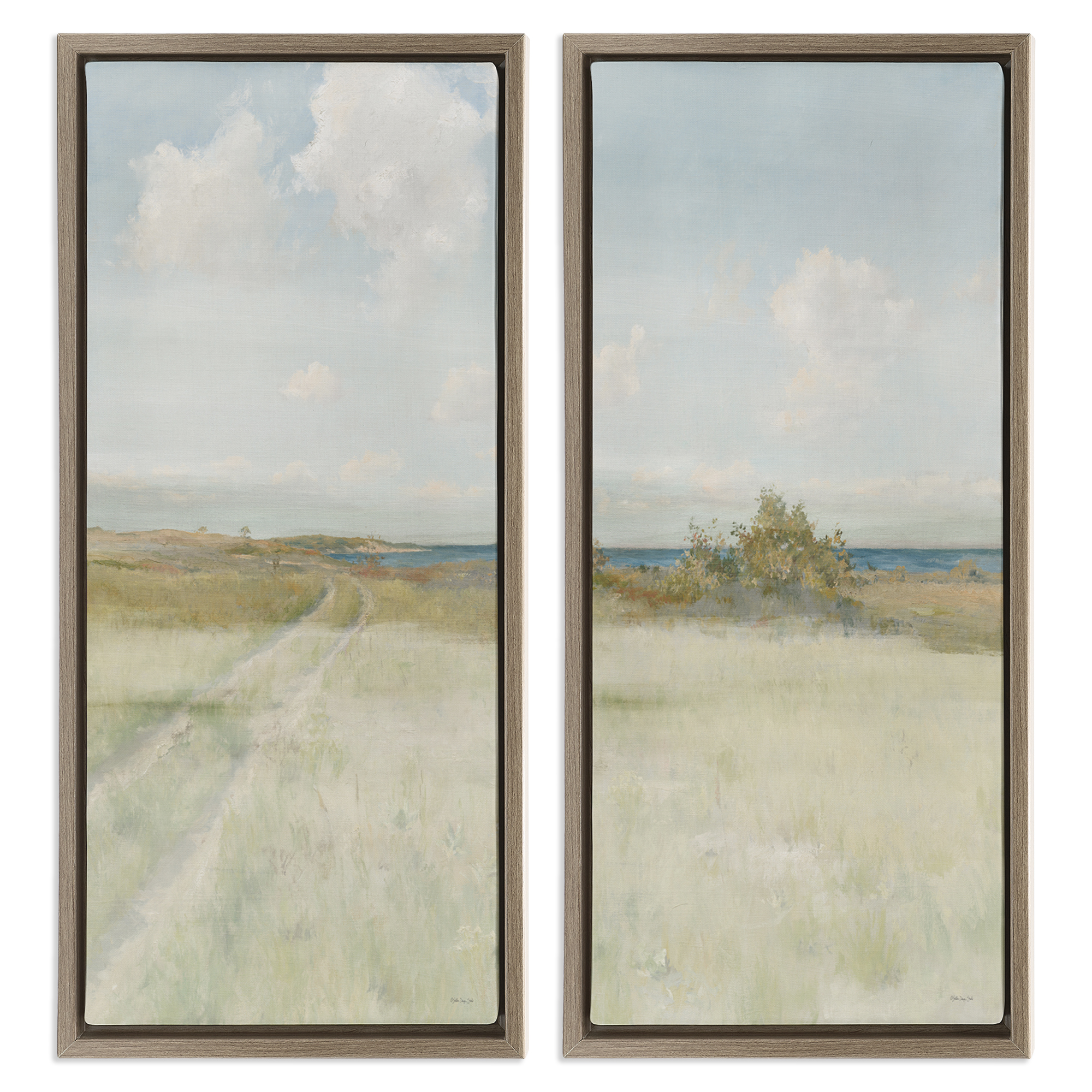 Stupell Industries Grass Path to Beach Alcove Landscape & Nature Painting Brown Floater Framed Canvas Art Print Wall Art, 11 x 25, Set of 2