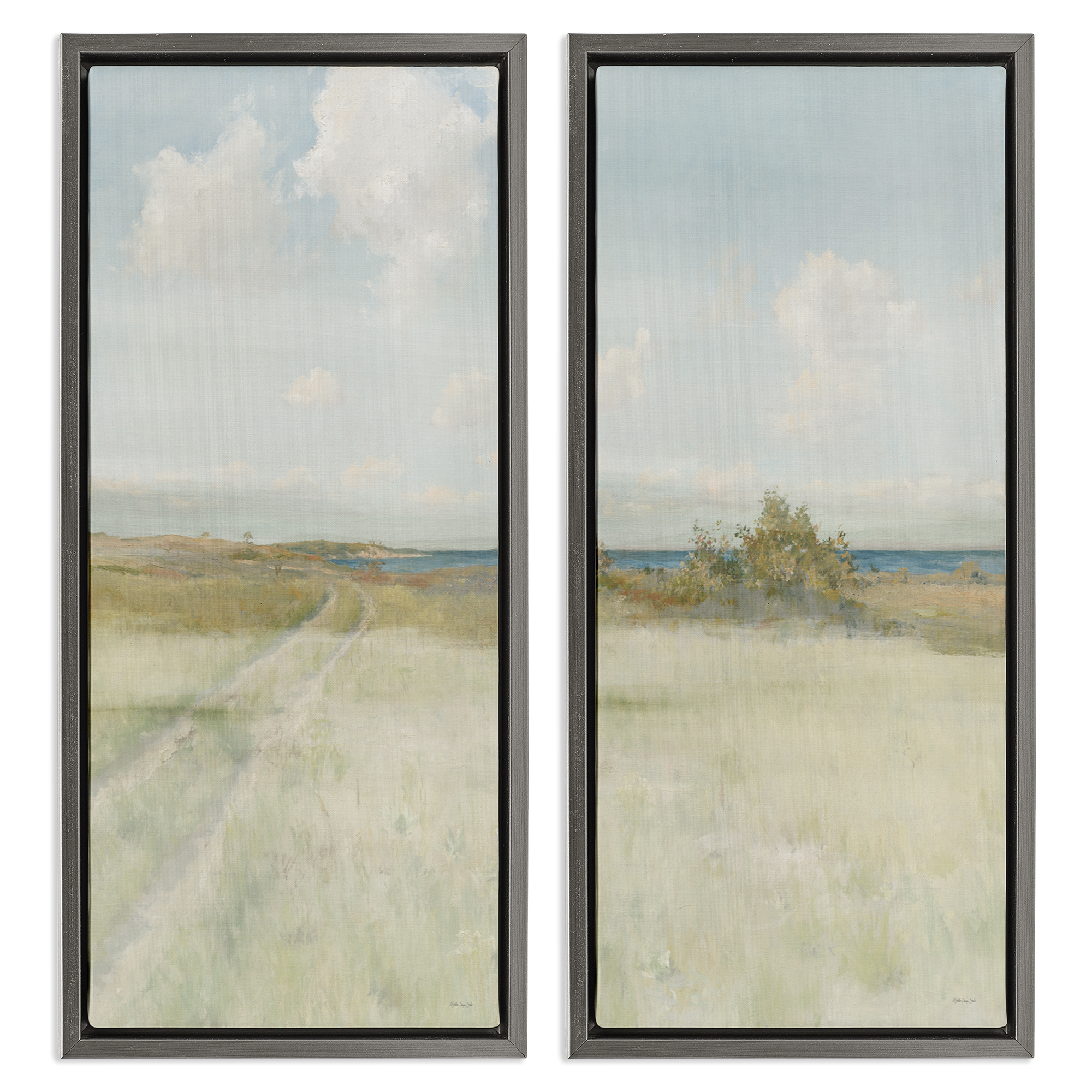 Stupell Industries Grass Path to Beach Alcove Landscape & Nature Painting Gray Floater Framed Canvas Art Print Wall Art, 14 x 31, Set of 2