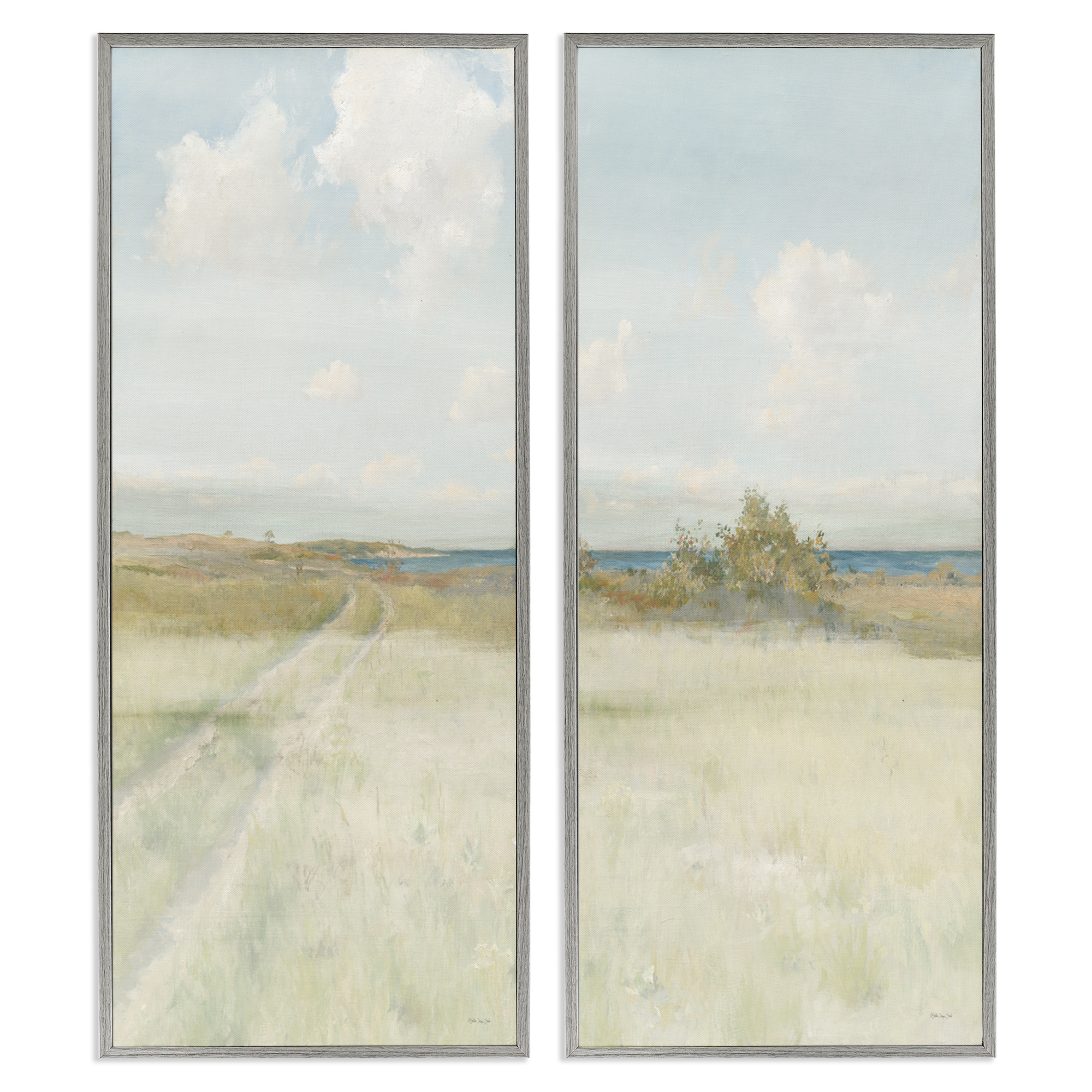 Stupell Industries Grass Path to Beach Alcove Landscape & Nature Painting Gray Framed Art Print Wall Art, 10 x 24, Set of 2