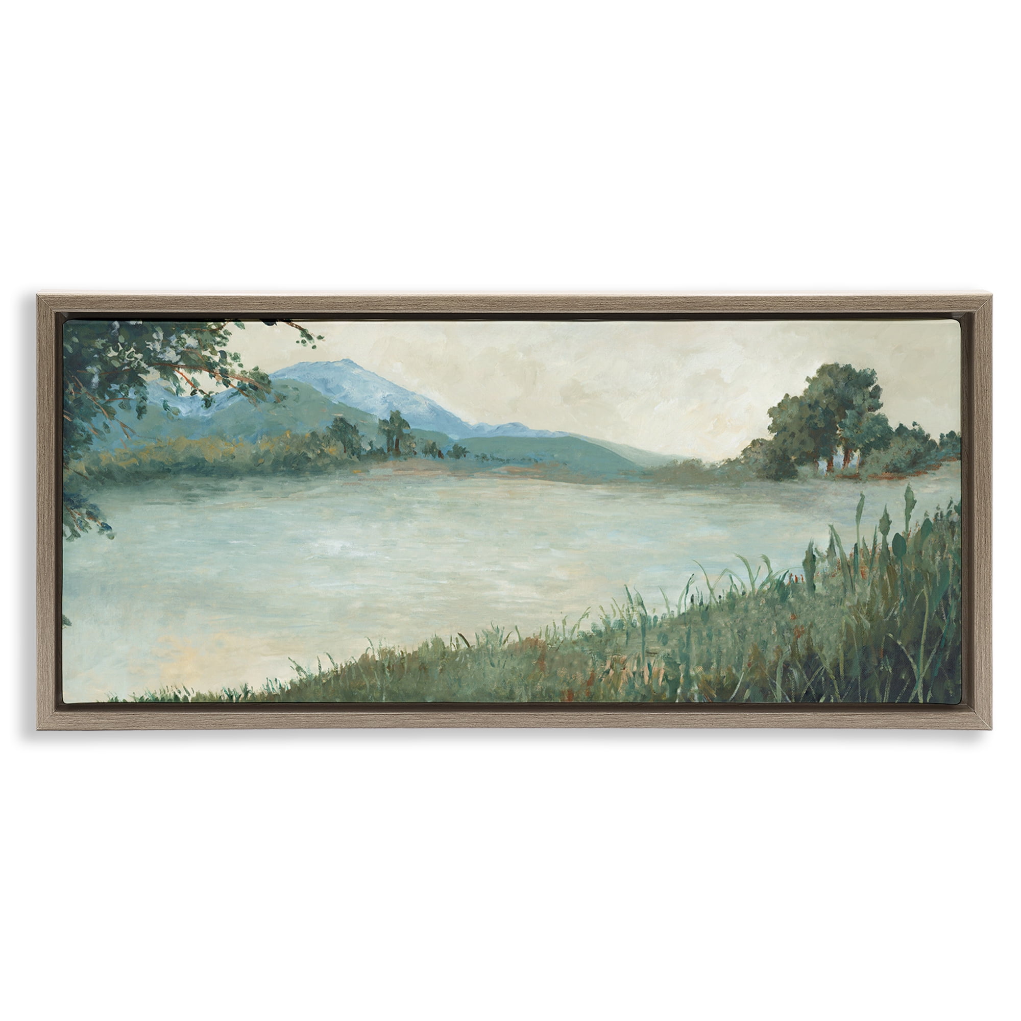 Stupell Industries Grasses by Scenic Lake Landscape & Nature Painting Brown Floater Framed Canvas Art Print Wall Art, 31 x 14