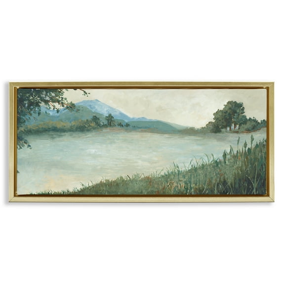 Stupell Industries Grasses by Scenic Lake Landscape & Nature Painting Gold Floater Framed Canvas Art Print Wall Art, 31 x 14