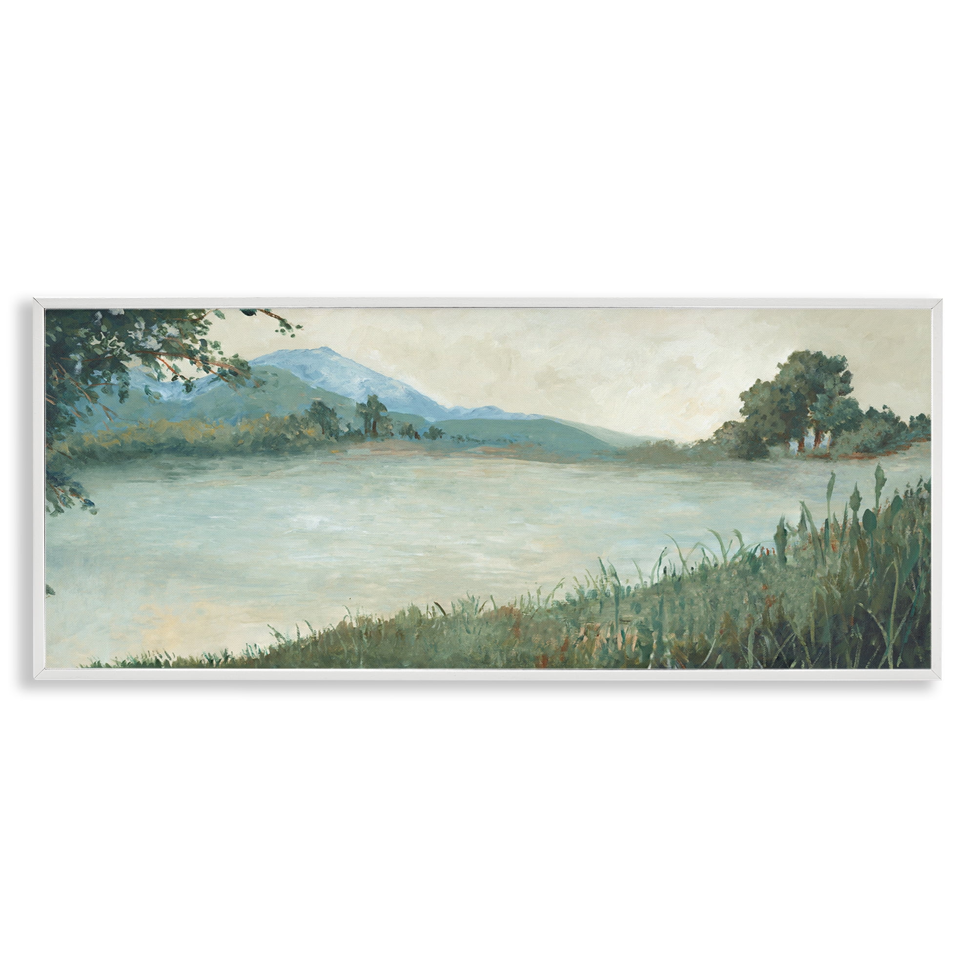Stupell Industries Grasses by Scenic Lake Landscape & Nature Painting White Framed Art Print Wall Art, 30 x 13