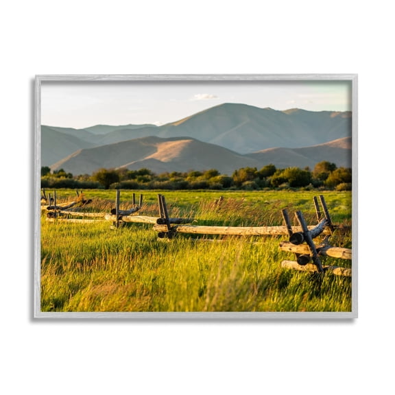 Stupell Industries Grassland Farm Fence Countryside Sunny Mountain Scene Photograph Gray Framed Art Print Wall Art, Design by Steve Smith