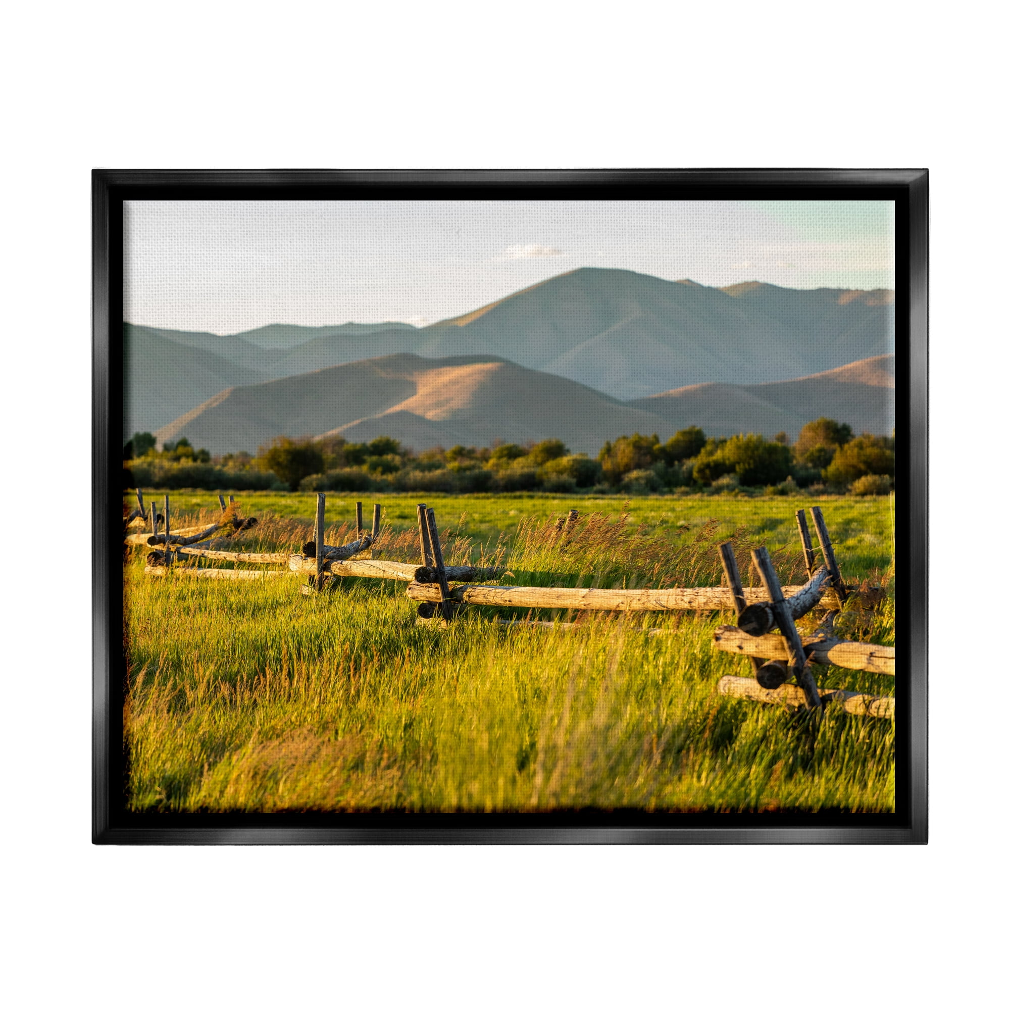 Stupell Industries Grassland Farm Fence Countryside Sunny Mountain Scene Photograph Jet Black Floating Framed Canvas Print Wall Art, Design by Steve Smith