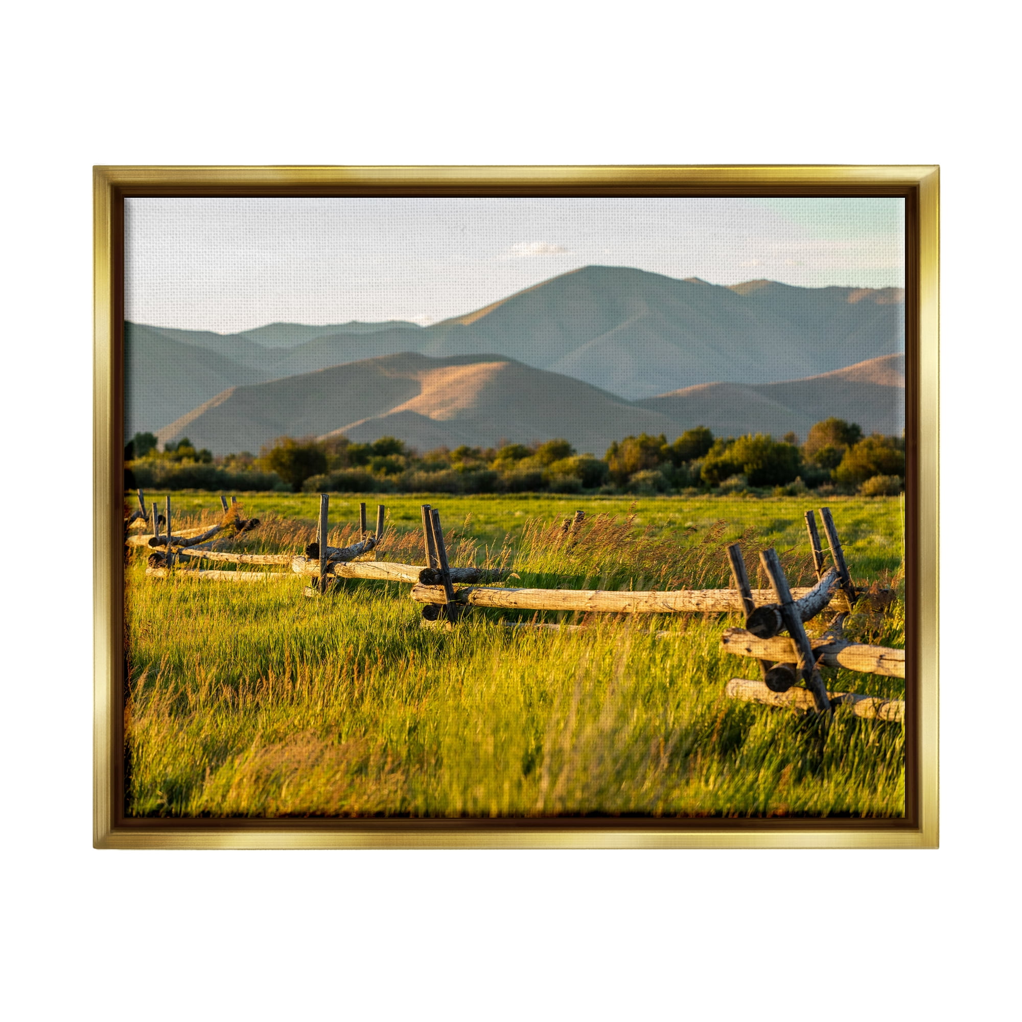 Stupell Industries Grassland Farm Fence Countryside Sunny Mountain Scene Photograph Metallic Gold Floating Framed Canvas Print Wall Art, Design by Steve Smith
