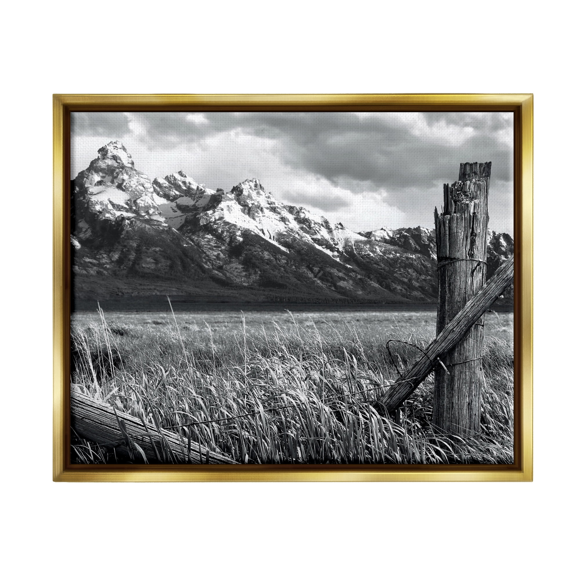 Stupell Industries Grassland Fence Photography Landscape Photography Gold Floater Framed Canvas Art Print Wall Art, 21 x 17