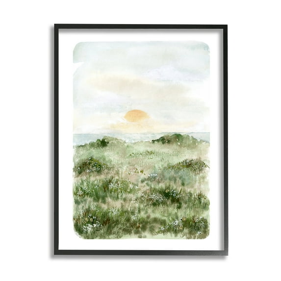 Stupell Industries Grassland Field Sun Peeking Ocean Horizon Painting Black Framed Art Print Wall Art, Design by Leah Bisch