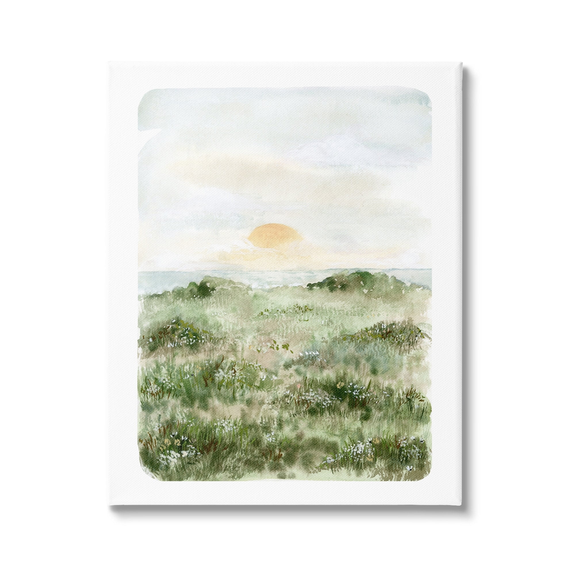 Stupell Industries Grassland Field Sun Peeking Ocean Horizon Painting Gallery Wrapped Canvas Print Wall Art, Design by Leah Bisch