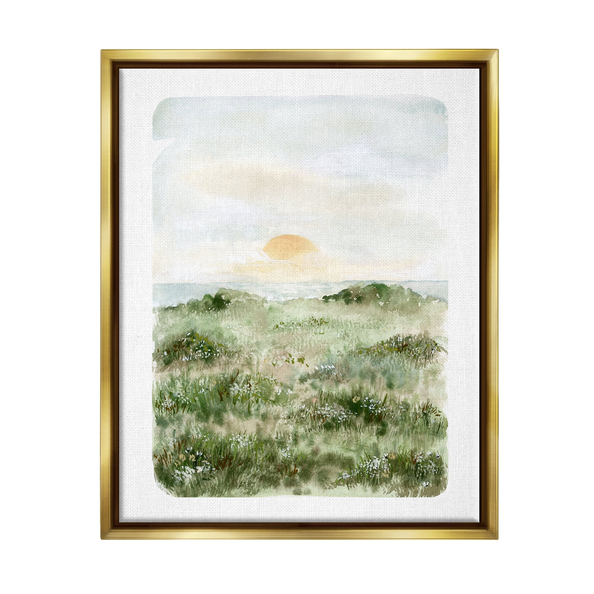 Stupell Industries Grassland Field Sun Peeking Ocean Horizon Painting Metallic Gold Floating Framed Canvas Print Wall Art, Design by Leah Bisch