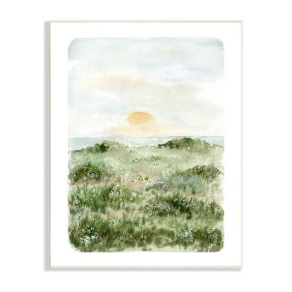 Stupell Industries Grassland Field Sun Peeking Ocean Horizon Painting Unframed Art Print Wall Art, Design by Leah Bisch