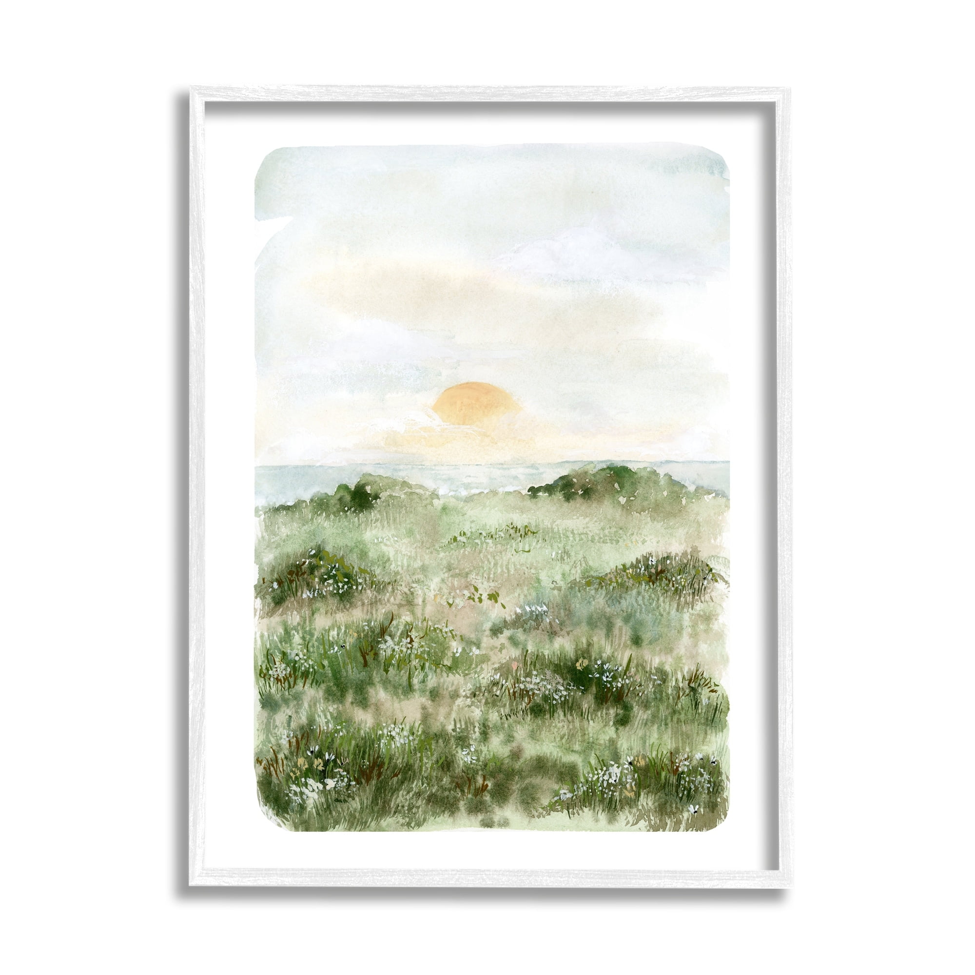 Stupell Industries Grassland Field Sun Peeking Ocean Horizon Painting White Framed Art Print Wall Art, Design by Leah Bisch