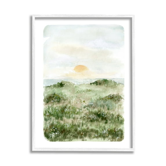 Stupell Industries Grassland Field Sun Peeking Ocean Horizon Painting White Framed Art Print Wall Art, Design by Leah Bisch