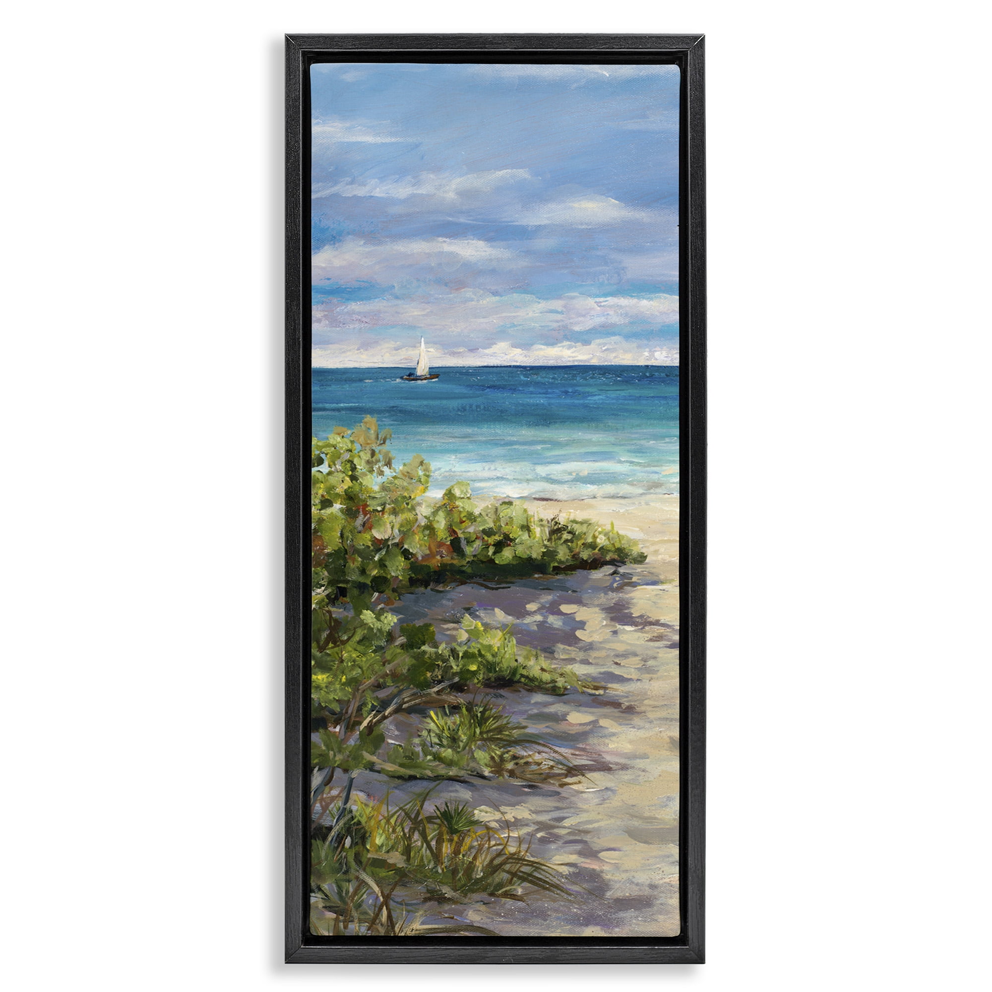 Stupell Industries Grassy Beach Shore Landscape Painting Black Floater Framed Canvas Art Print Wall Art, 15 x 31