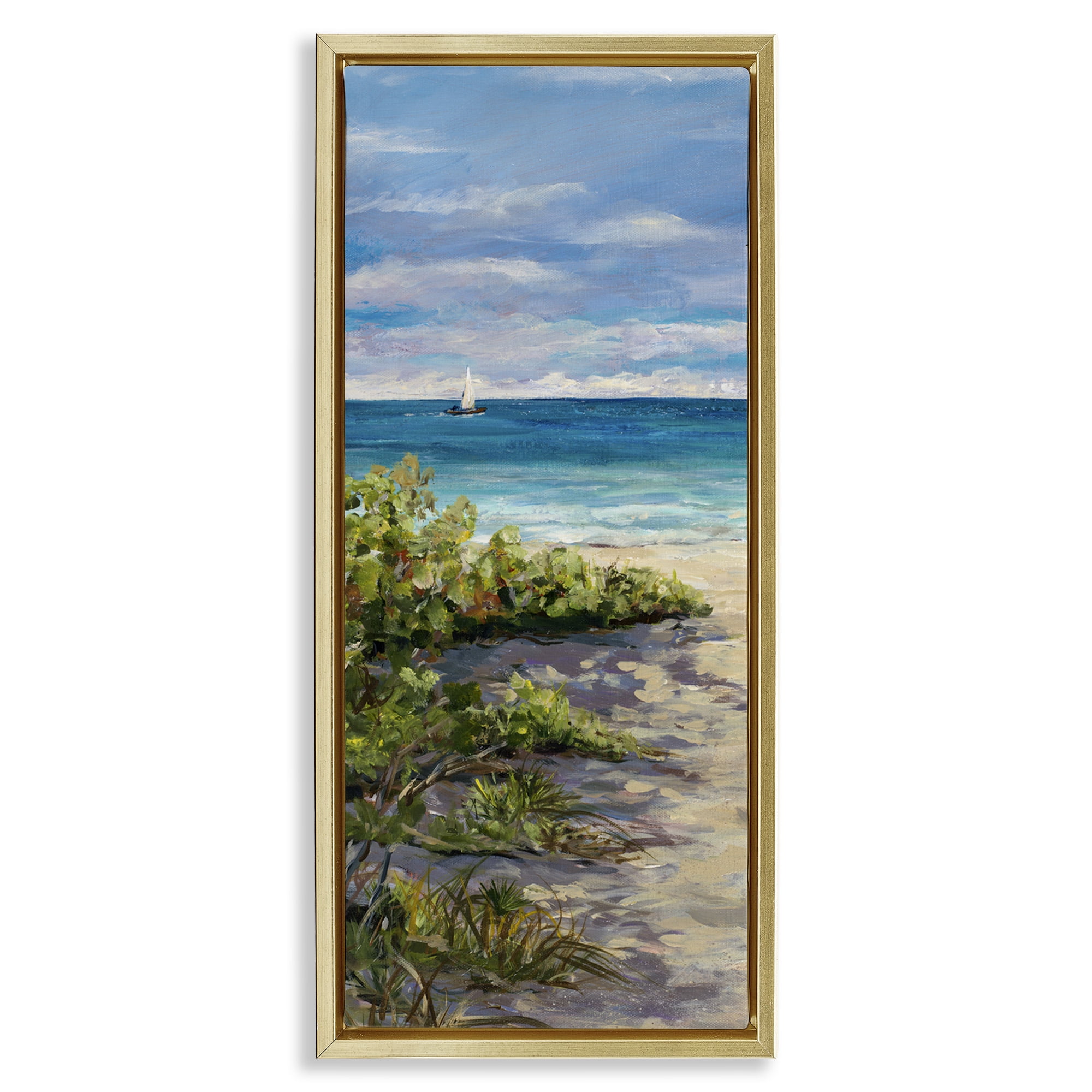 Stupell Industries Grassy Beach Shore Landscape Painting Gold Floater Framed Canvas Art Print Wall Art, 15 x 31