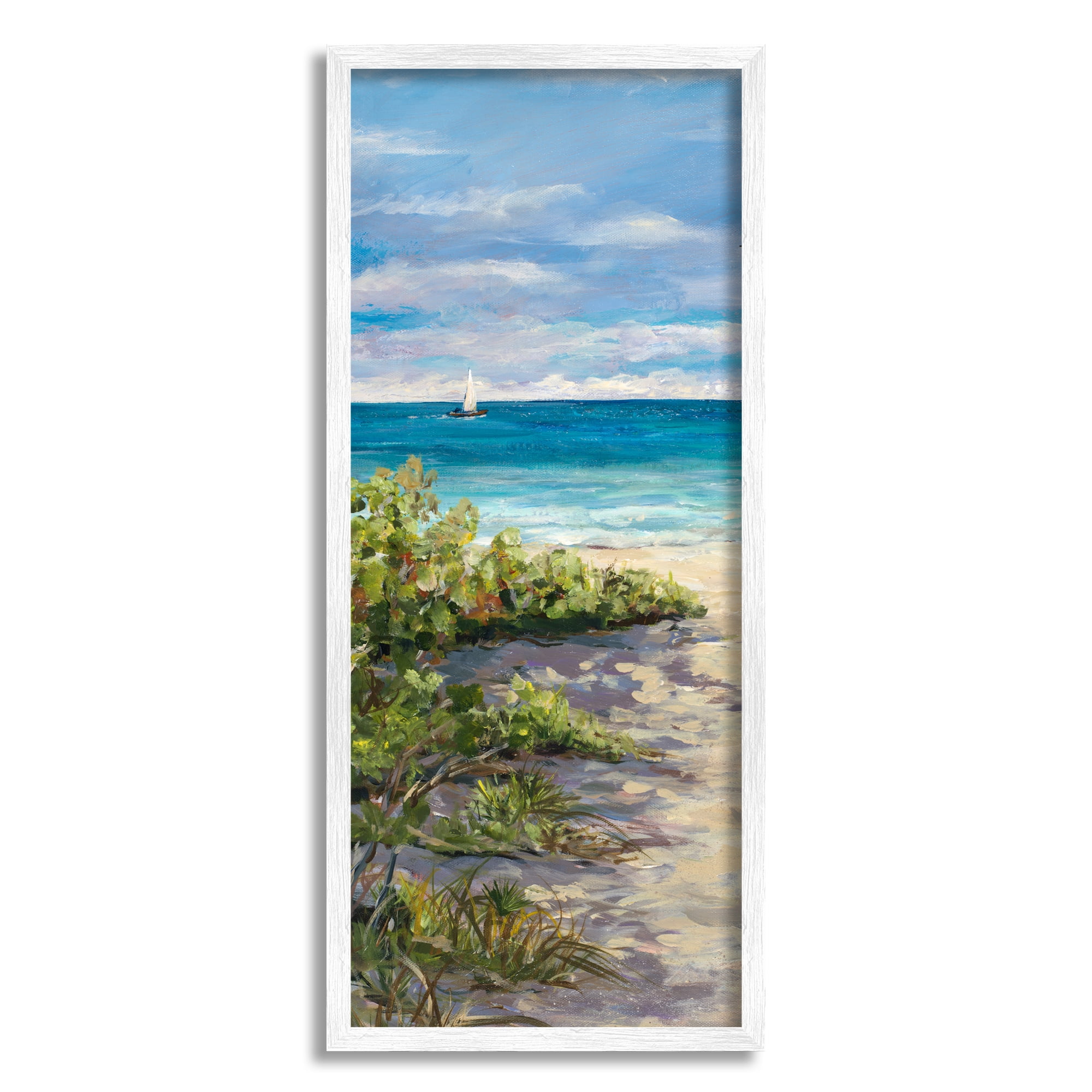 Stupell Industries Grassy Beach Shore Nature Painting White Framed Art Print Wall Art, 13 x 30