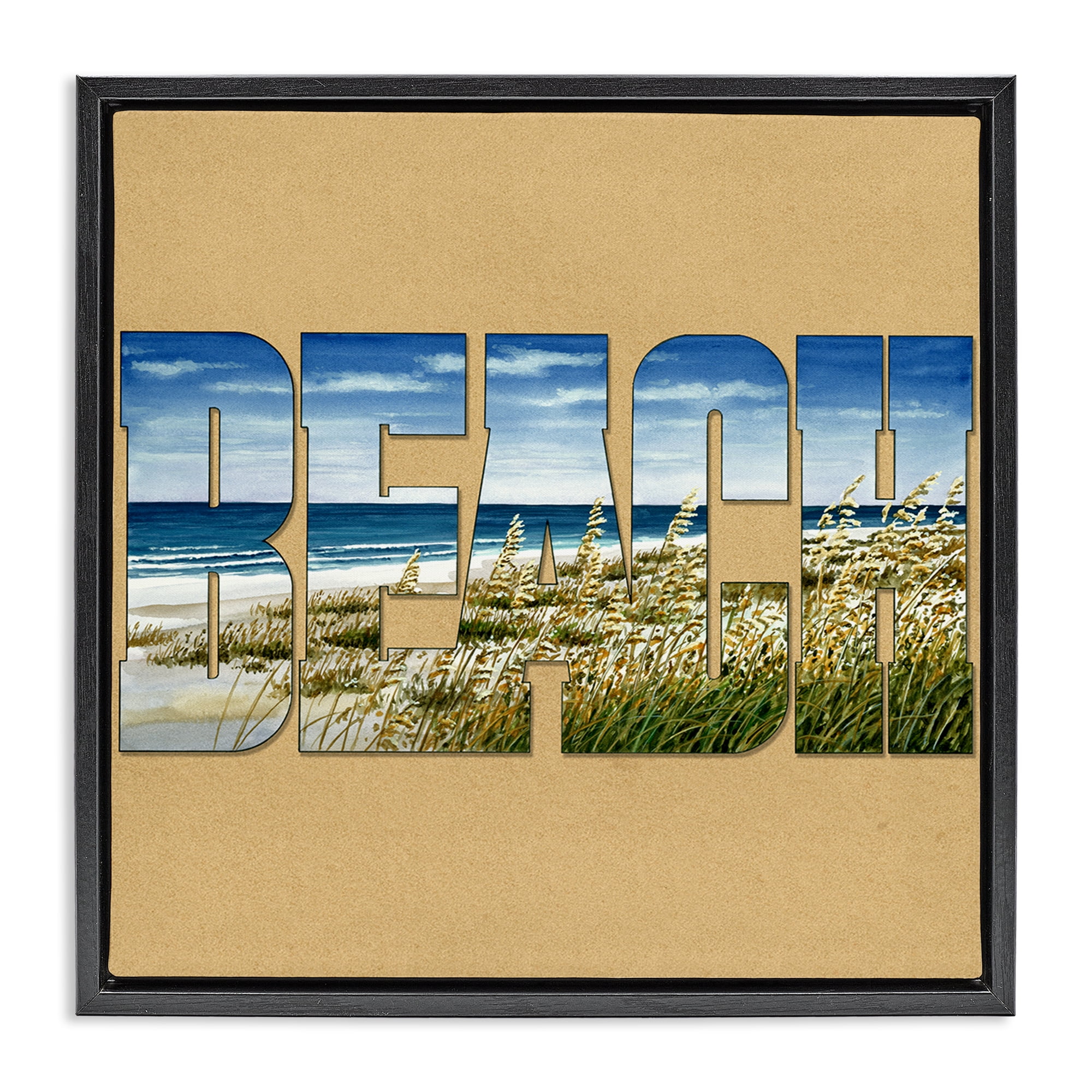 Stupell Industries Grassy Beach View Letters Nautical & Beach Painting Black Floater Framed Canvas Art Print Wall Art, 18 x 18